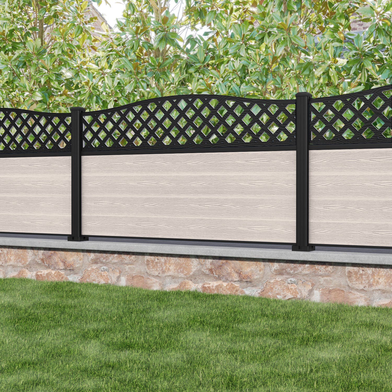 Classic High Wave Fence Panel - Mid Stone - with our aluminium posts