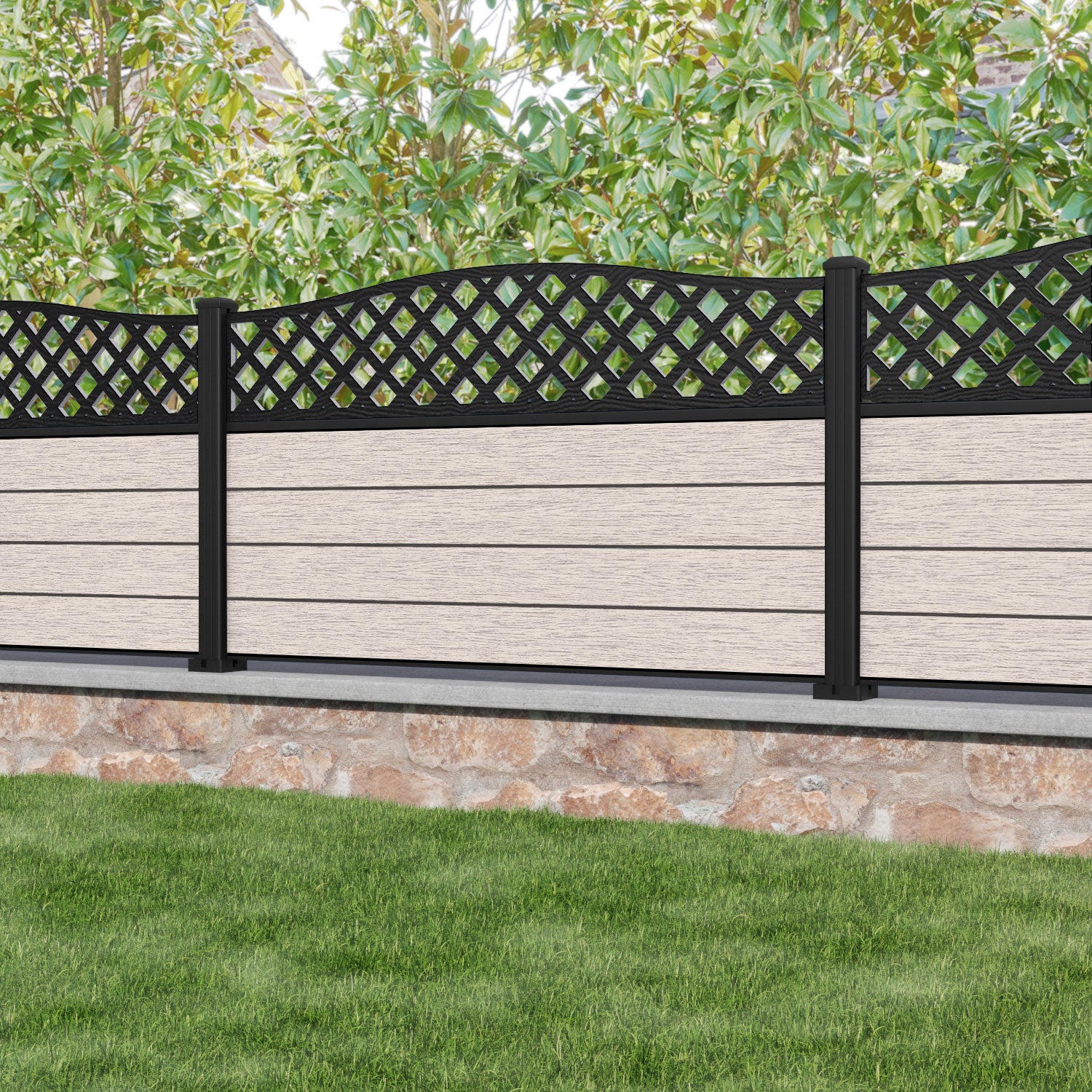 Fusion High Wave Curved Top Fence Panel - Mid Stone - with our aluminium posts