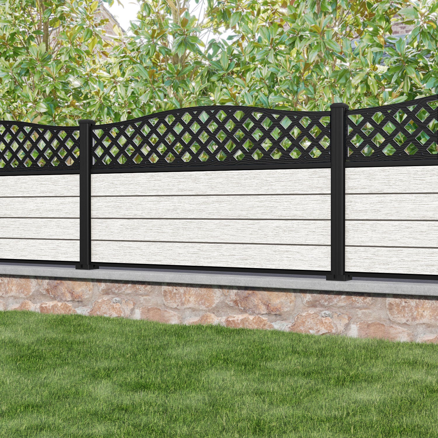 Fusion High Wave Fence Panel - Light Stone - with our aluminium posts