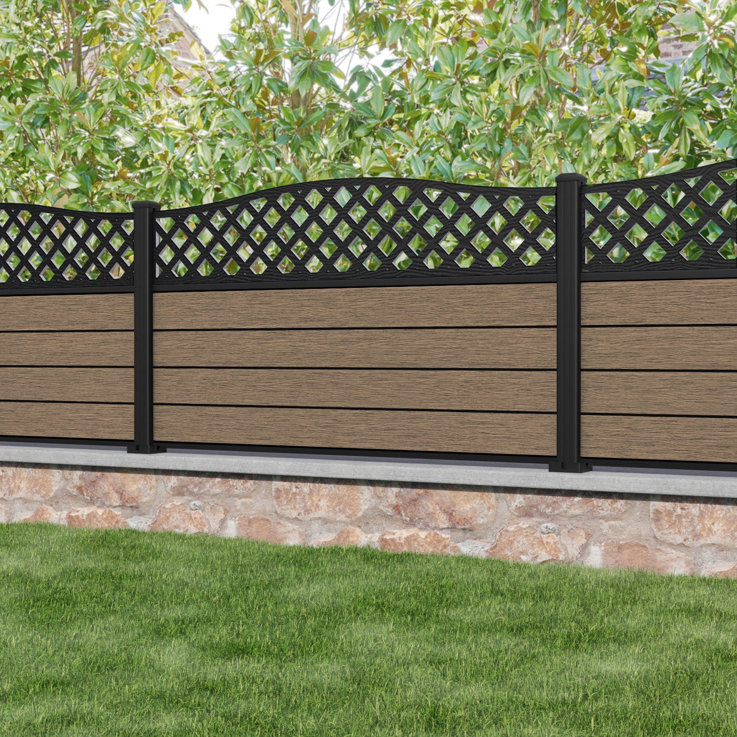 Fusion High Wave Fence Panel - Teak - with our aluminium posts