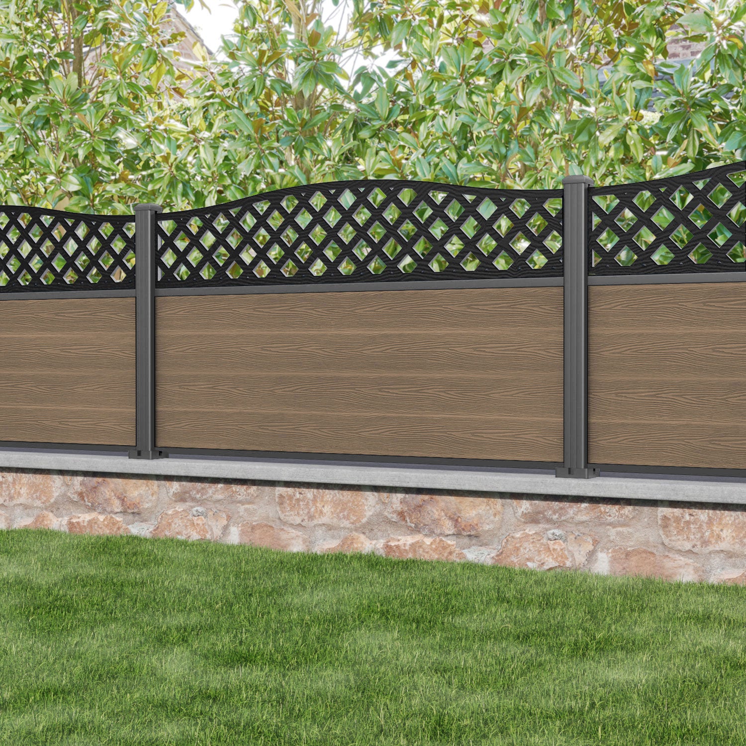 Classic High Wave Fence Panel - Teak - with our aluminium posts