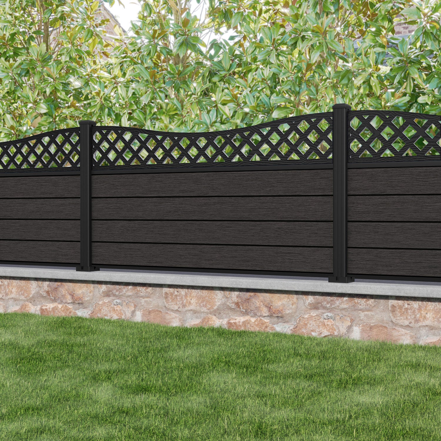 Fusion Low Wave Fence Panel - Dark Oak - with our aluminium posts