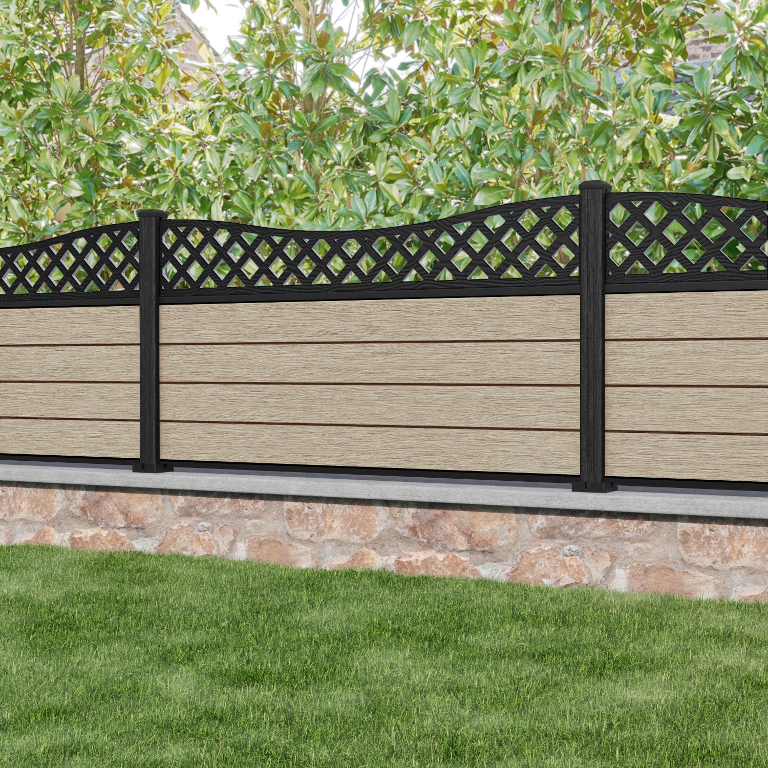 Fusion Low Wave Fence Panel - Light Oak - with our composite posts