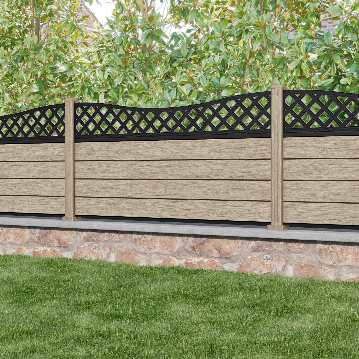 Fusion Low Wave Fence Panel - Light Oak - with our composite posts