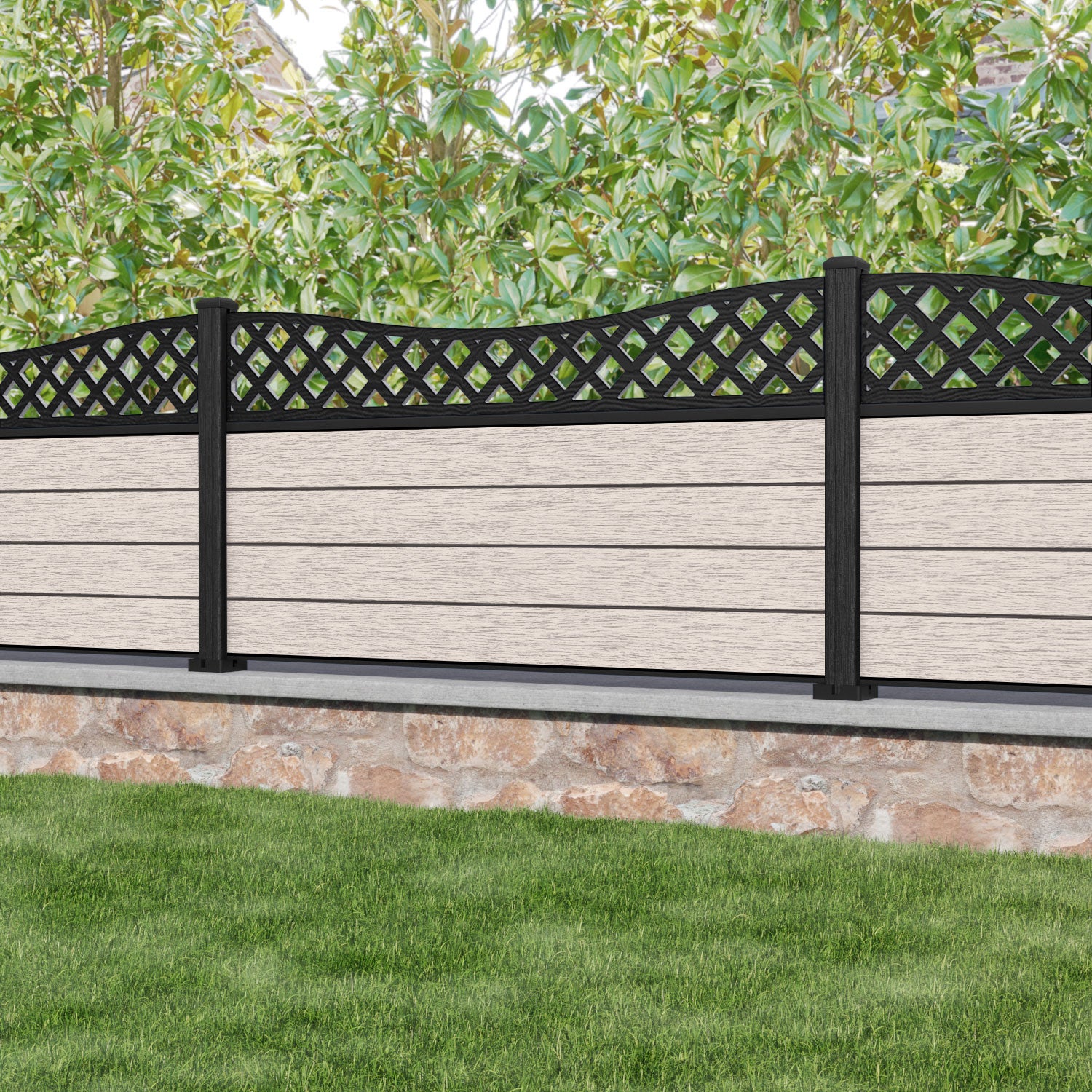 Fusion Low Wave Curved Top Fence Panel - Mid Stone - with our composite posts
