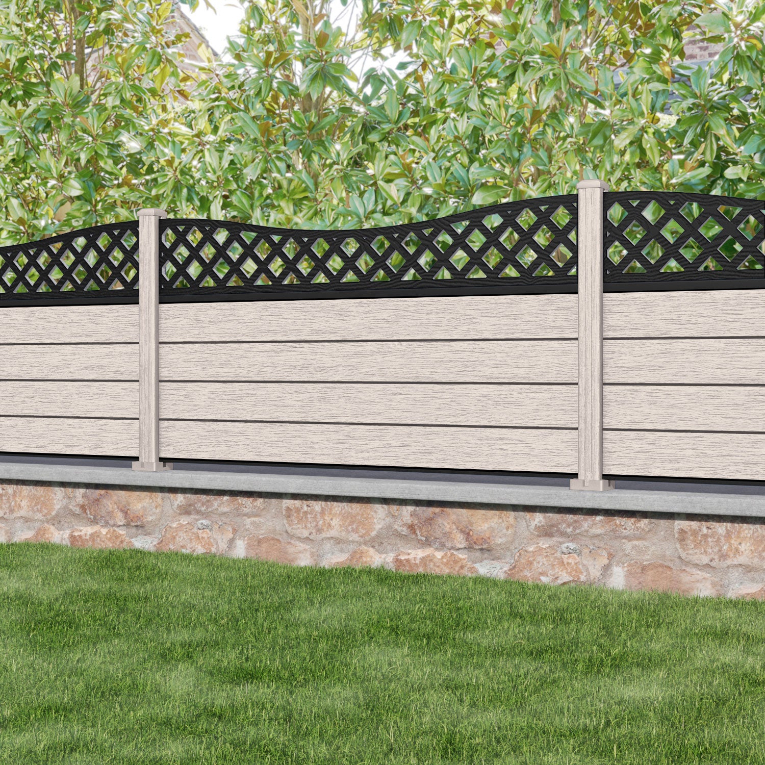 Fusion Low Wave Curved Top Fence Panel - Mid Stone - with our composite posts