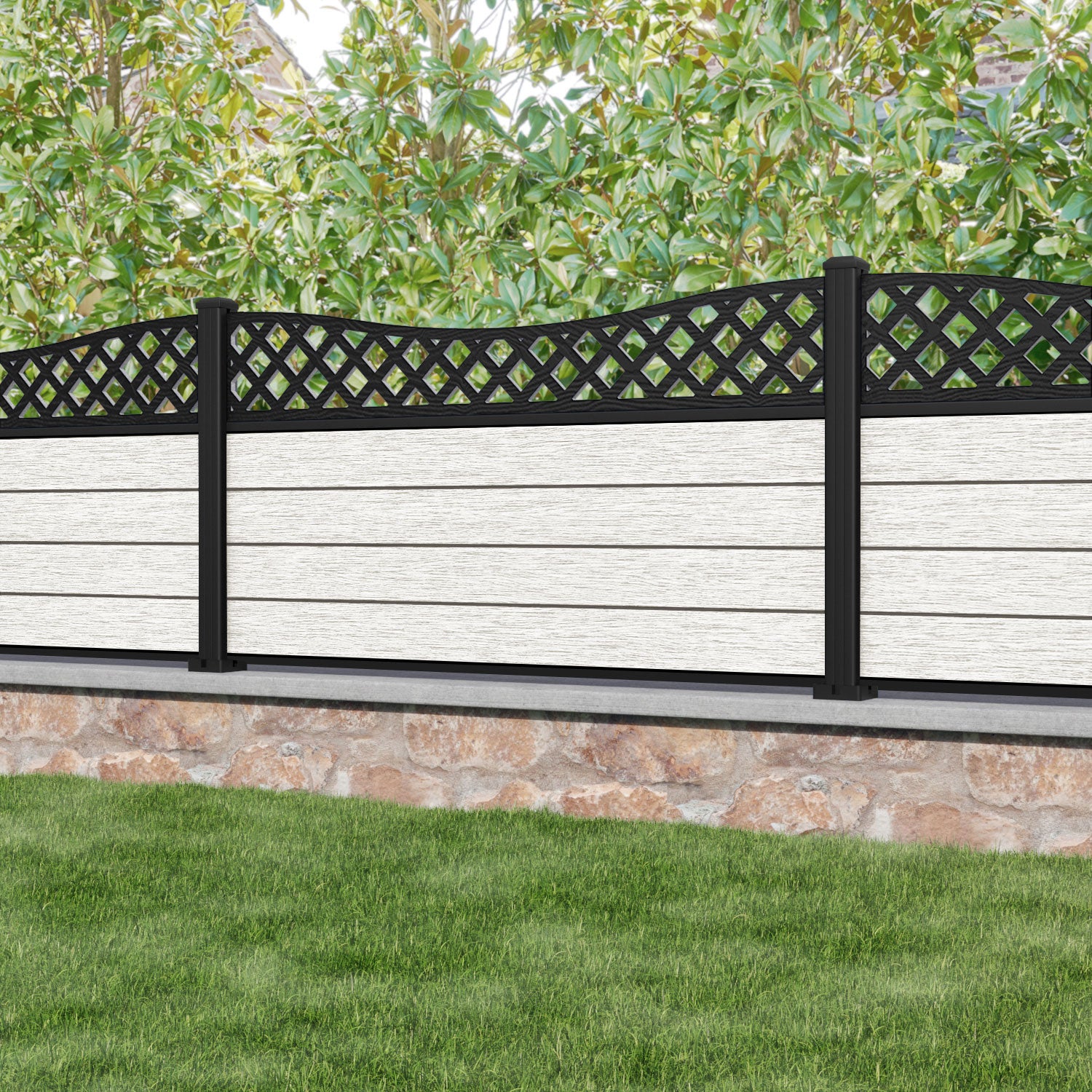 Fusion Low Wave Fence Panel - Light Stone - with our aluminium posts