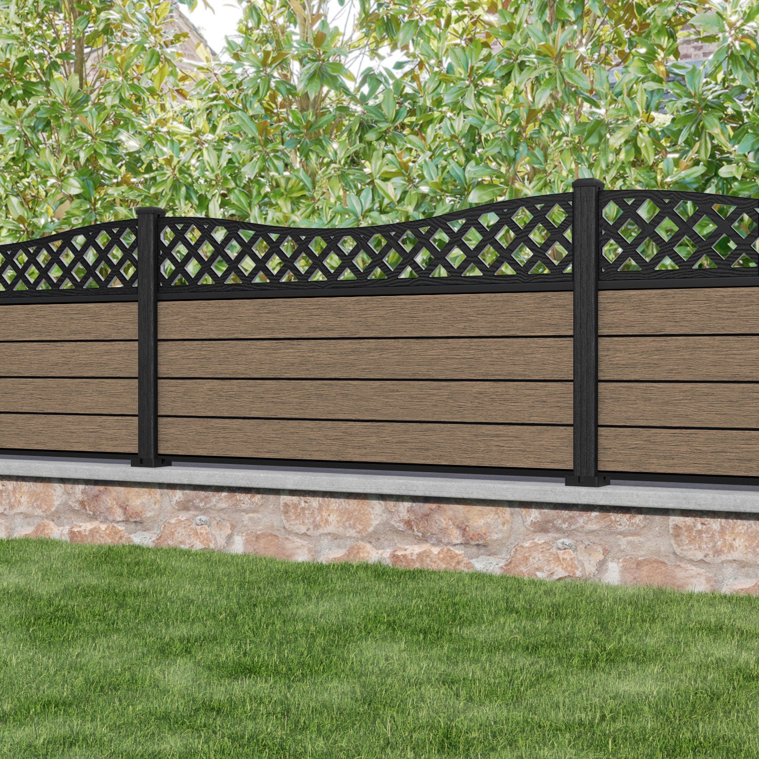 Fusion Low Wave Fence Panel - Teak - with our composite posts