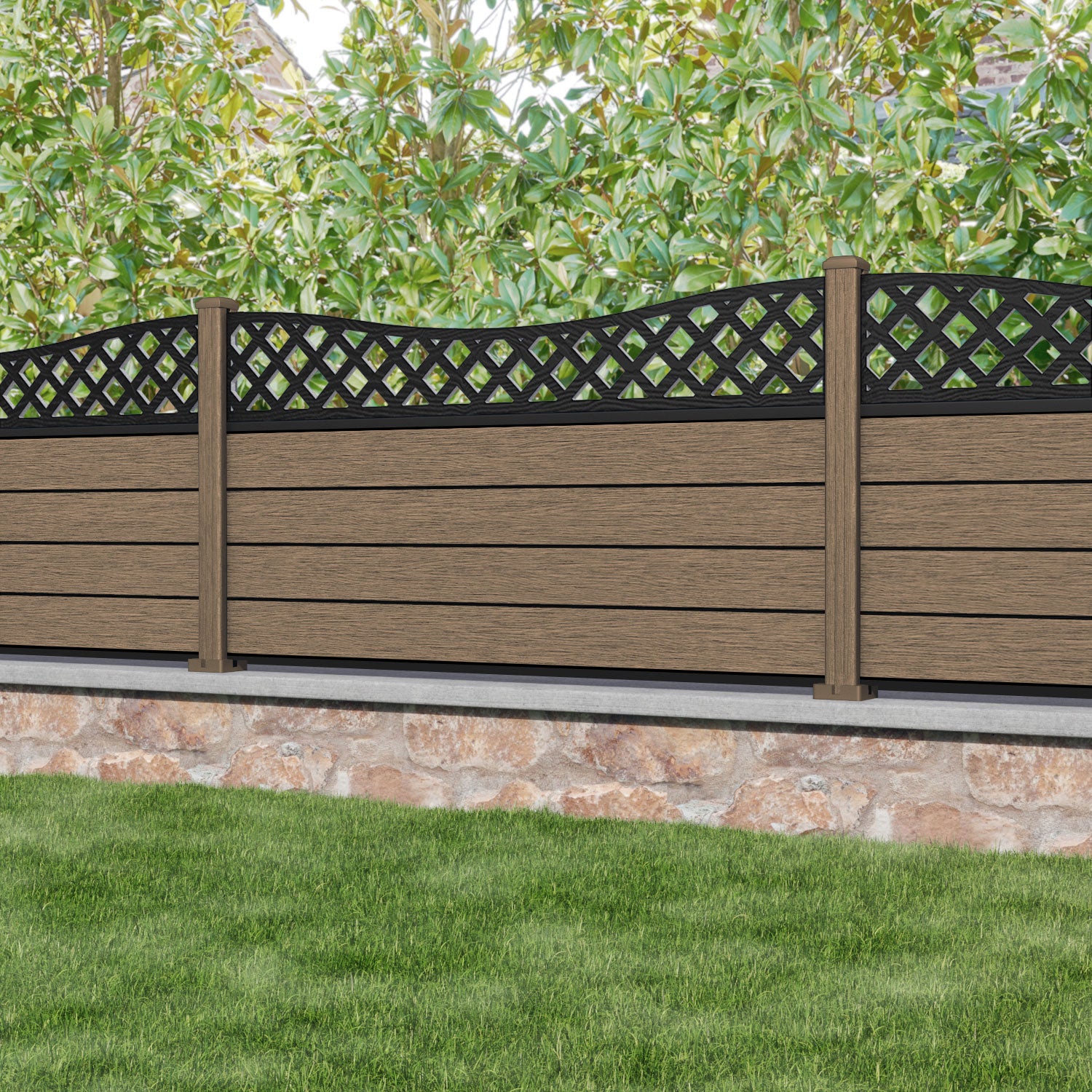 Fusion Low Wave Fence Panel - Teak - with our composite posts