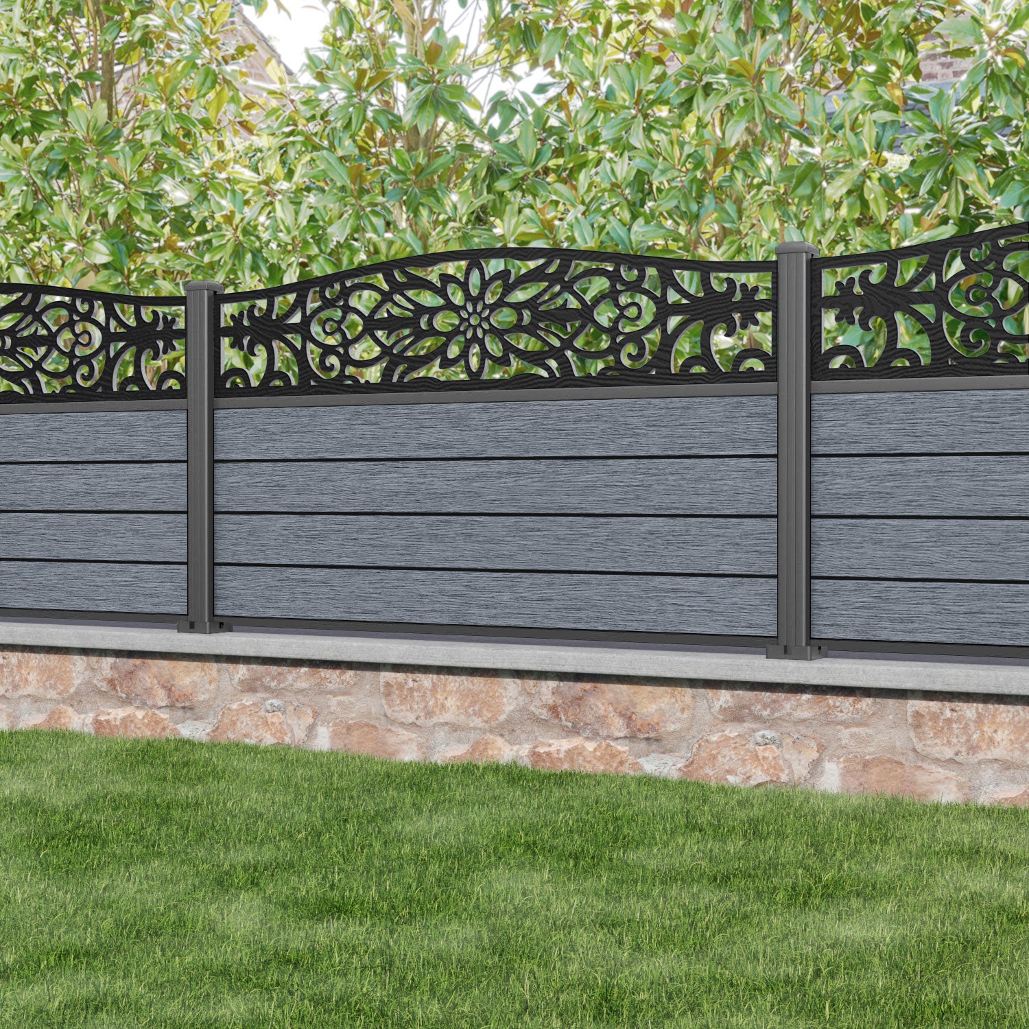 Fusion Windsor Curved Top Fence Panel - Anthracite - with our aluminium posts