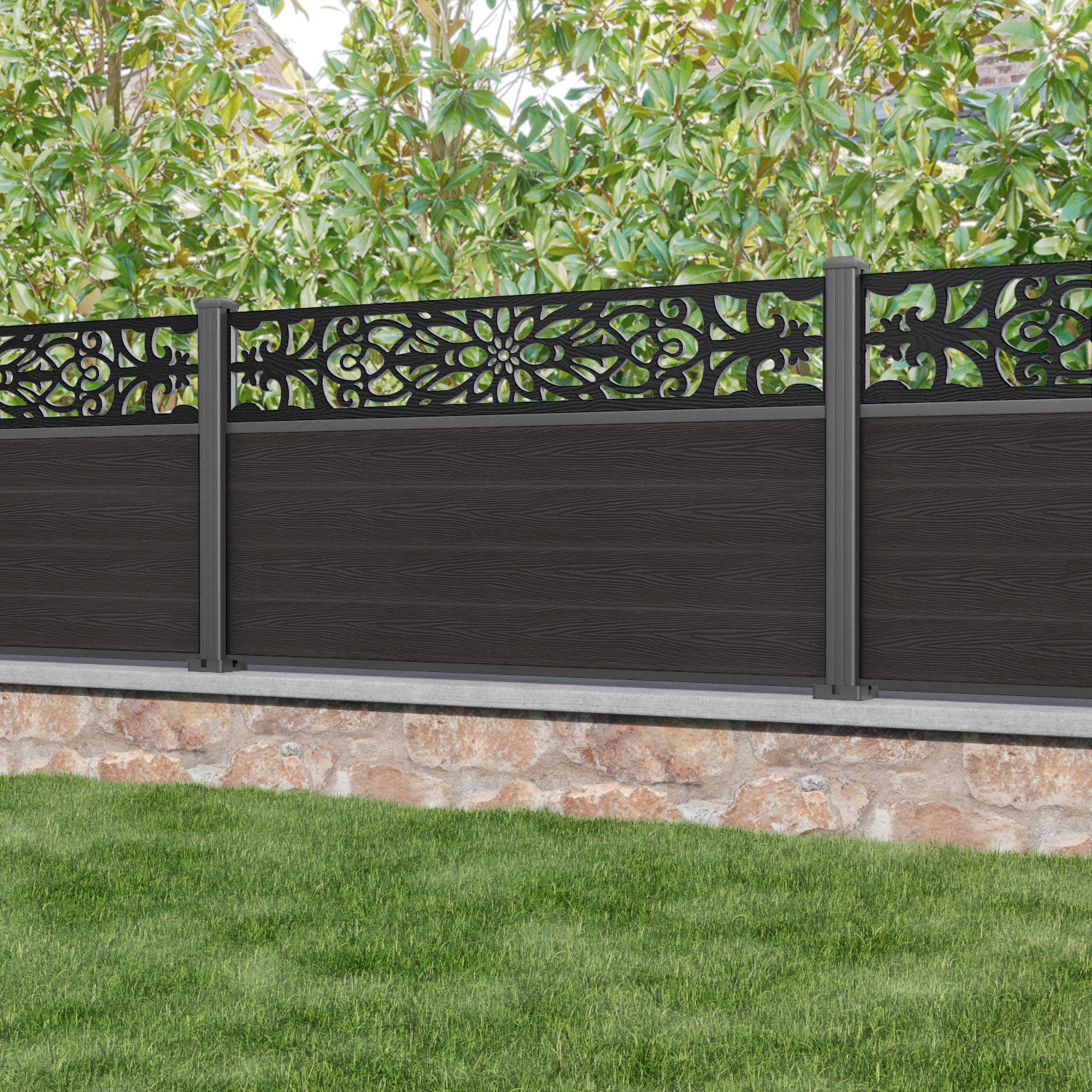 Classic Windsor Fence Panel - Dark Oak - with our aluminium posts