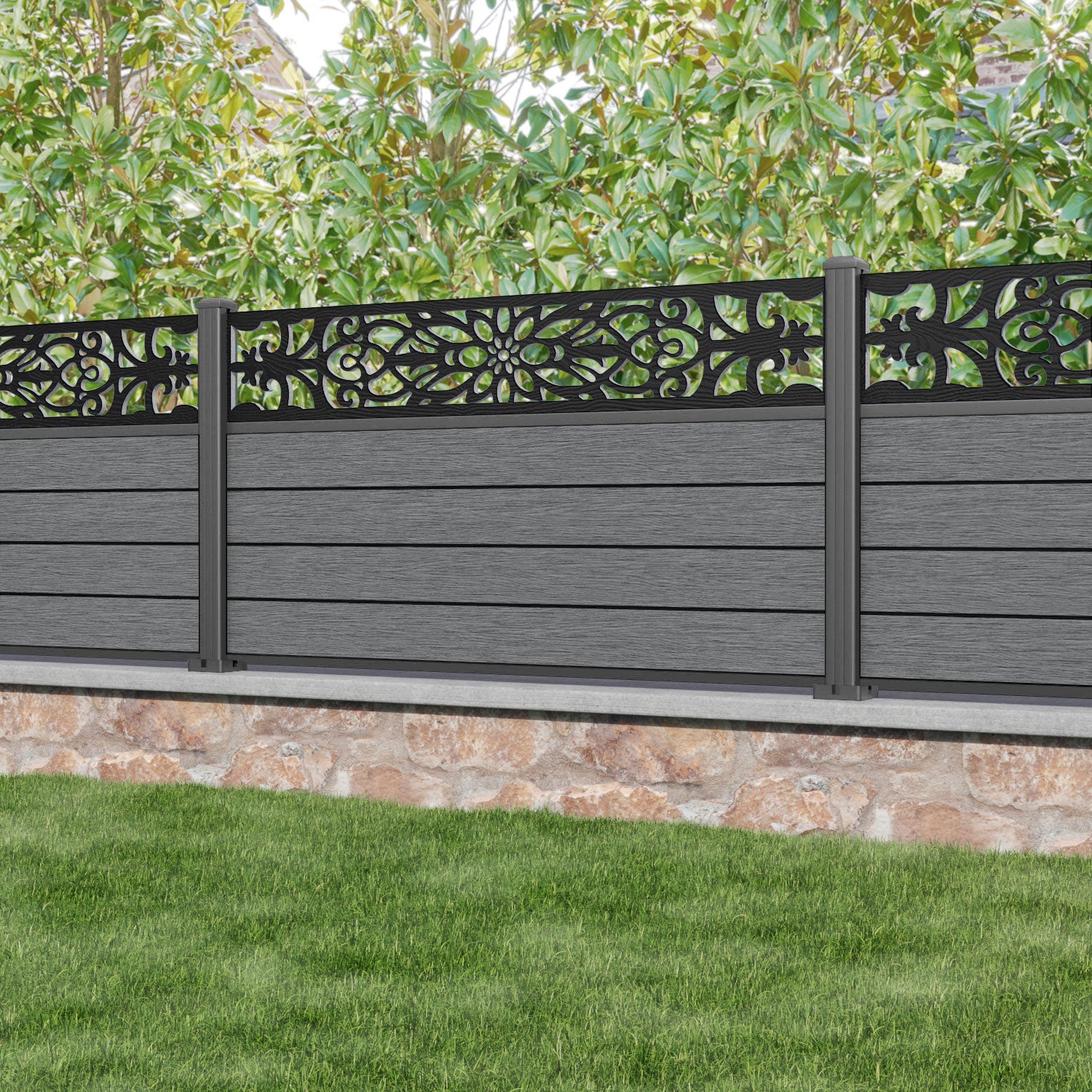 Fusion Windsor Fence Panel - Mid Grey - with our aluminium posts