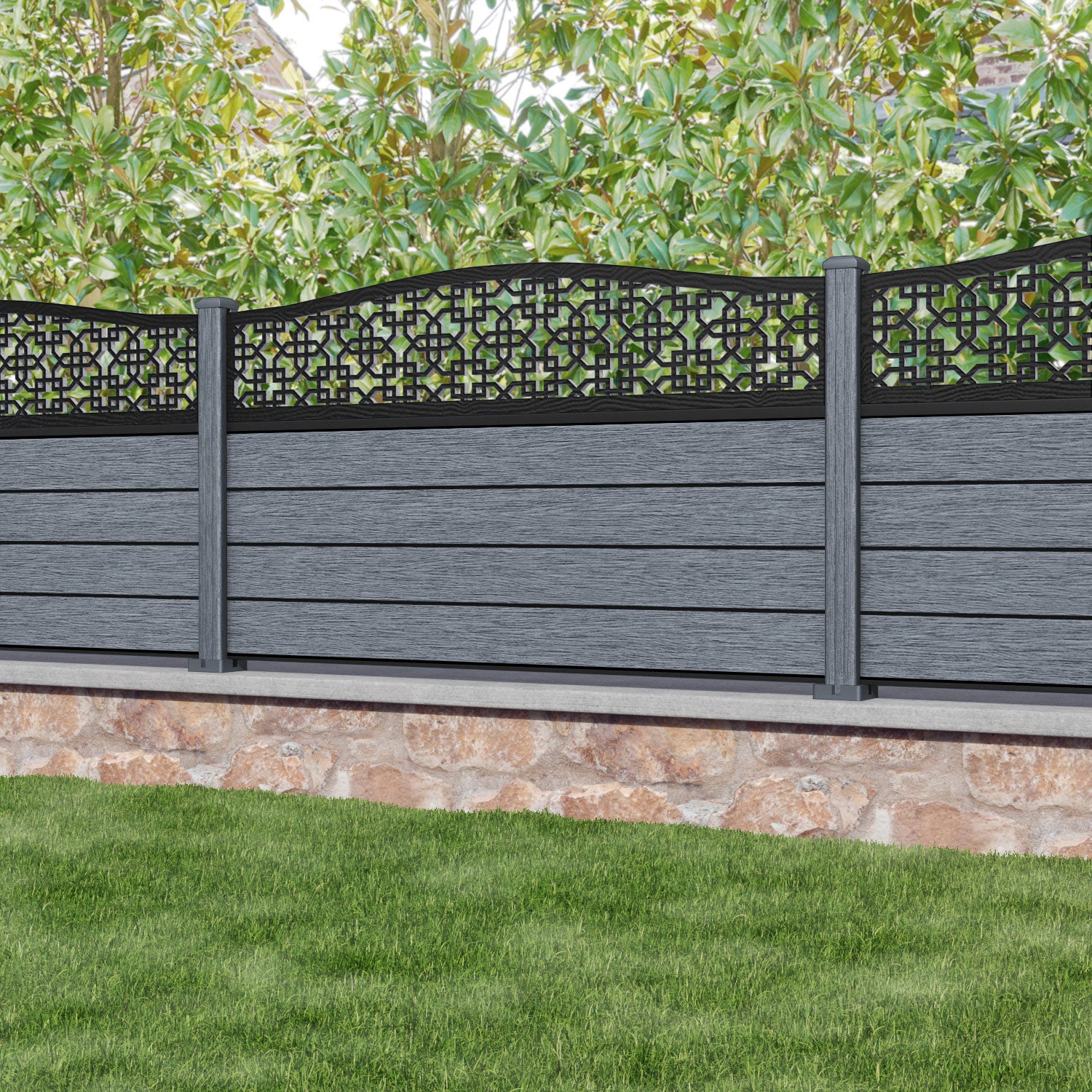 Fusion Zaria Curved Top Fence Panel - Anthracite - with our composite posts