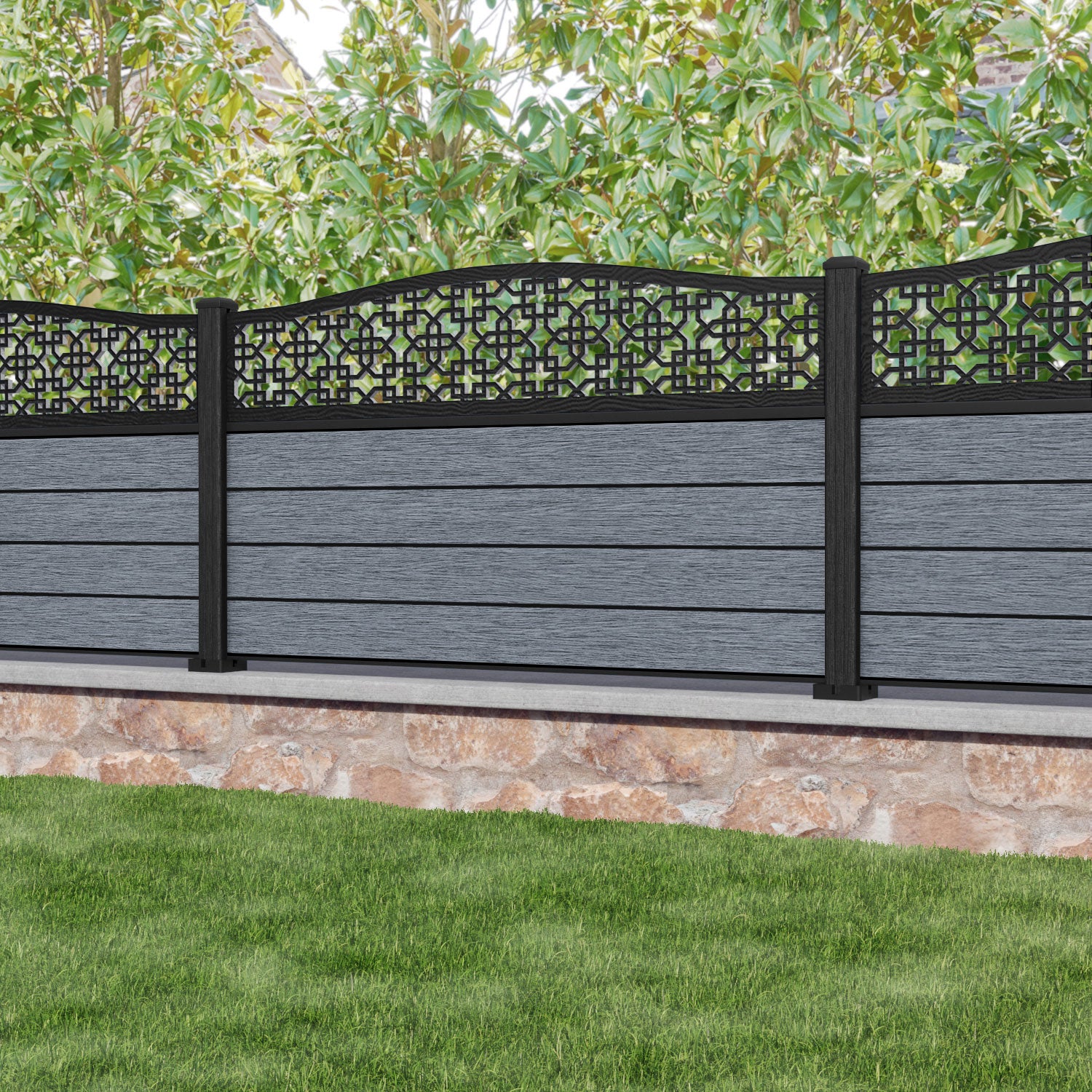 Fusion Zaria Curved Top Fence Panel - Anthracite - with our composite posts