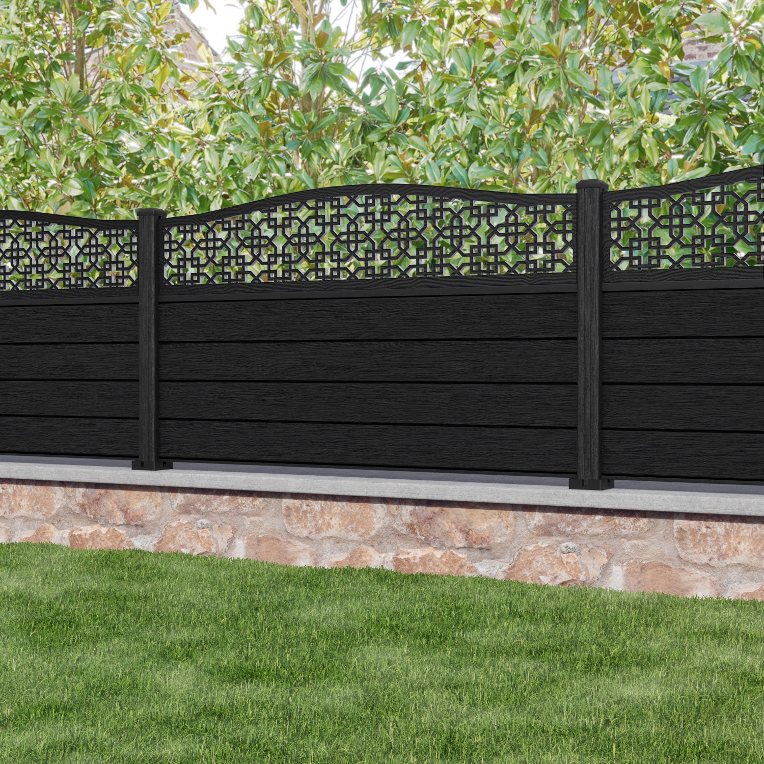 Fusion Zaria Curved Top Fence Panel - Black - with our composite posts