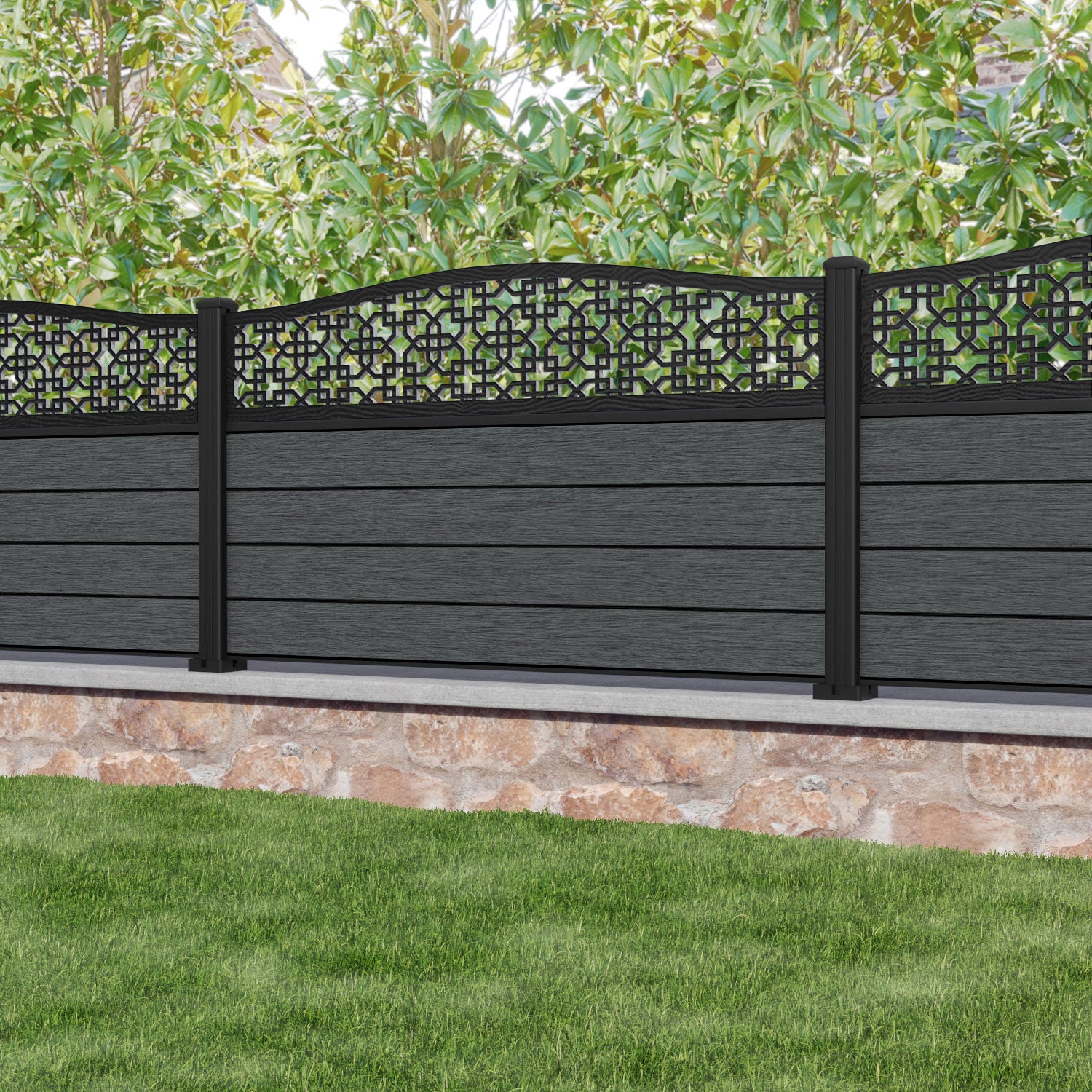 Fusion Zaria Curved Top Fence Panel - Dark Grey - with our aluminium posts