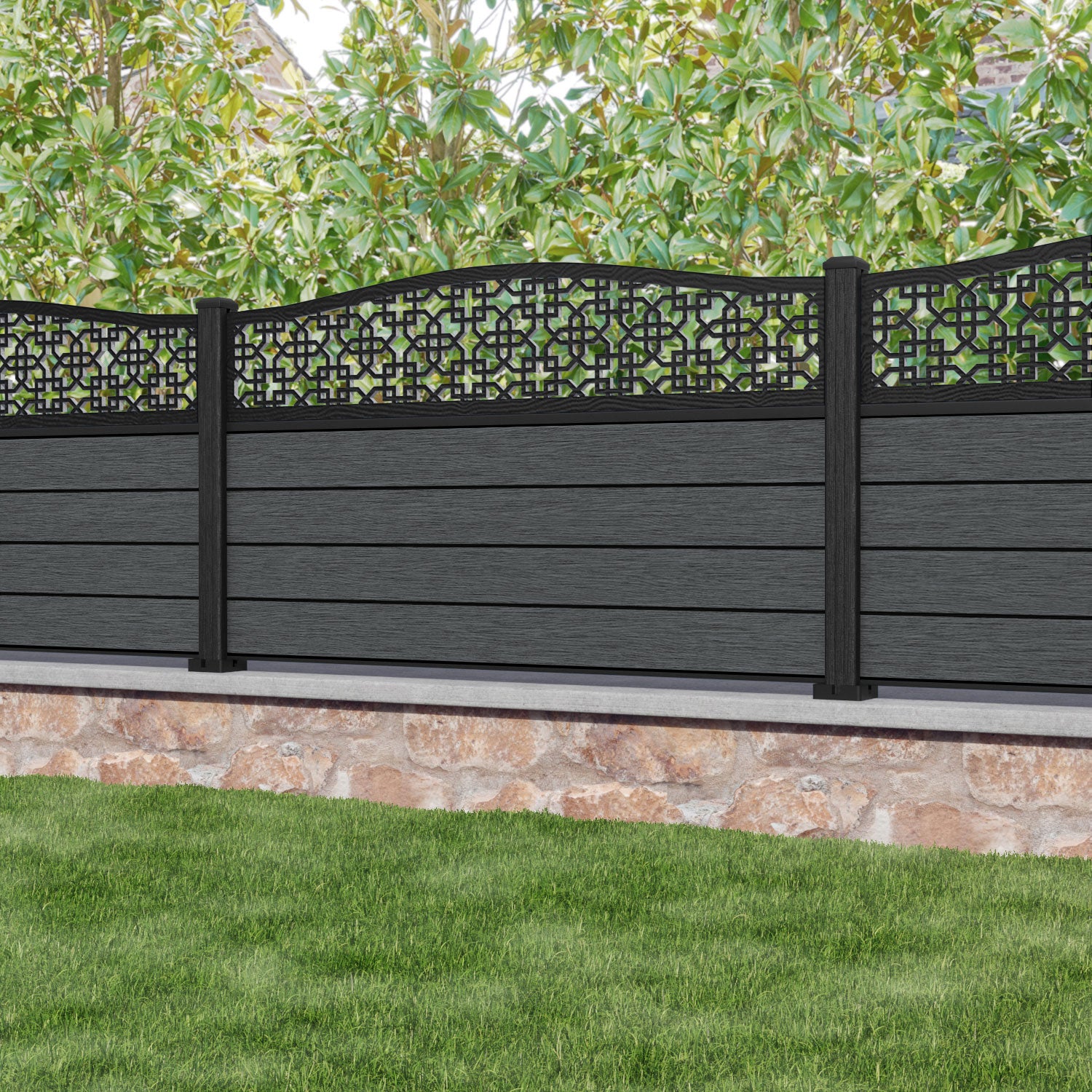 Fusion Zaria Curved Top Fence Panel - Dark Grey - with our composite posts