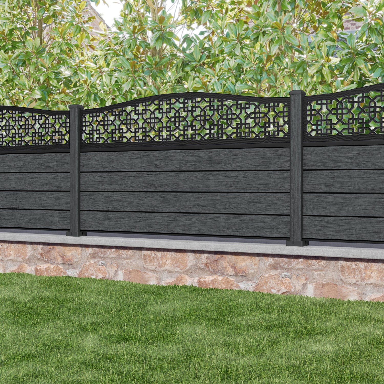 Fusion Zaria Curved Top Fence Panel - Dark Grey - with our composite posts