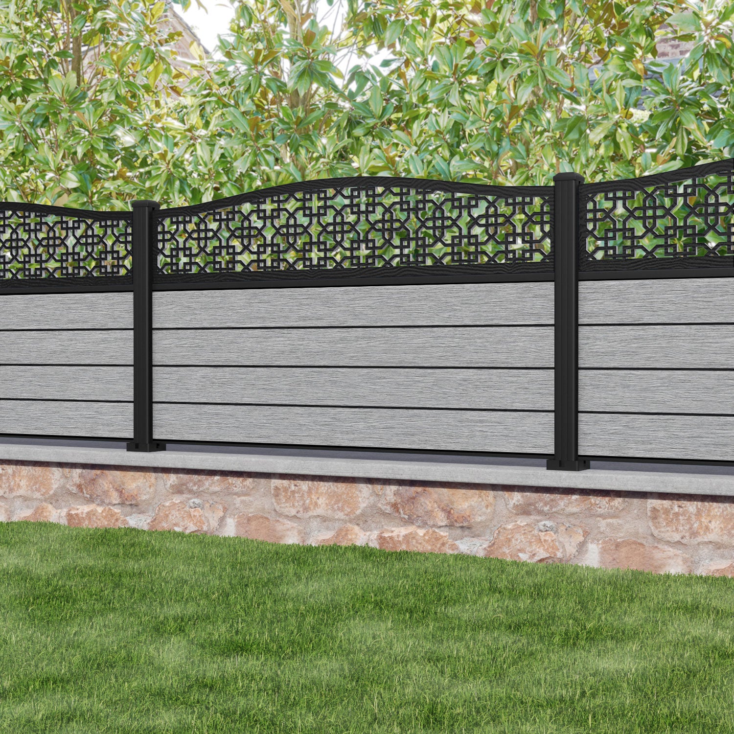 Fusion Zaria Curved Top Fence Panel - Light Grey - with our aluminium posts