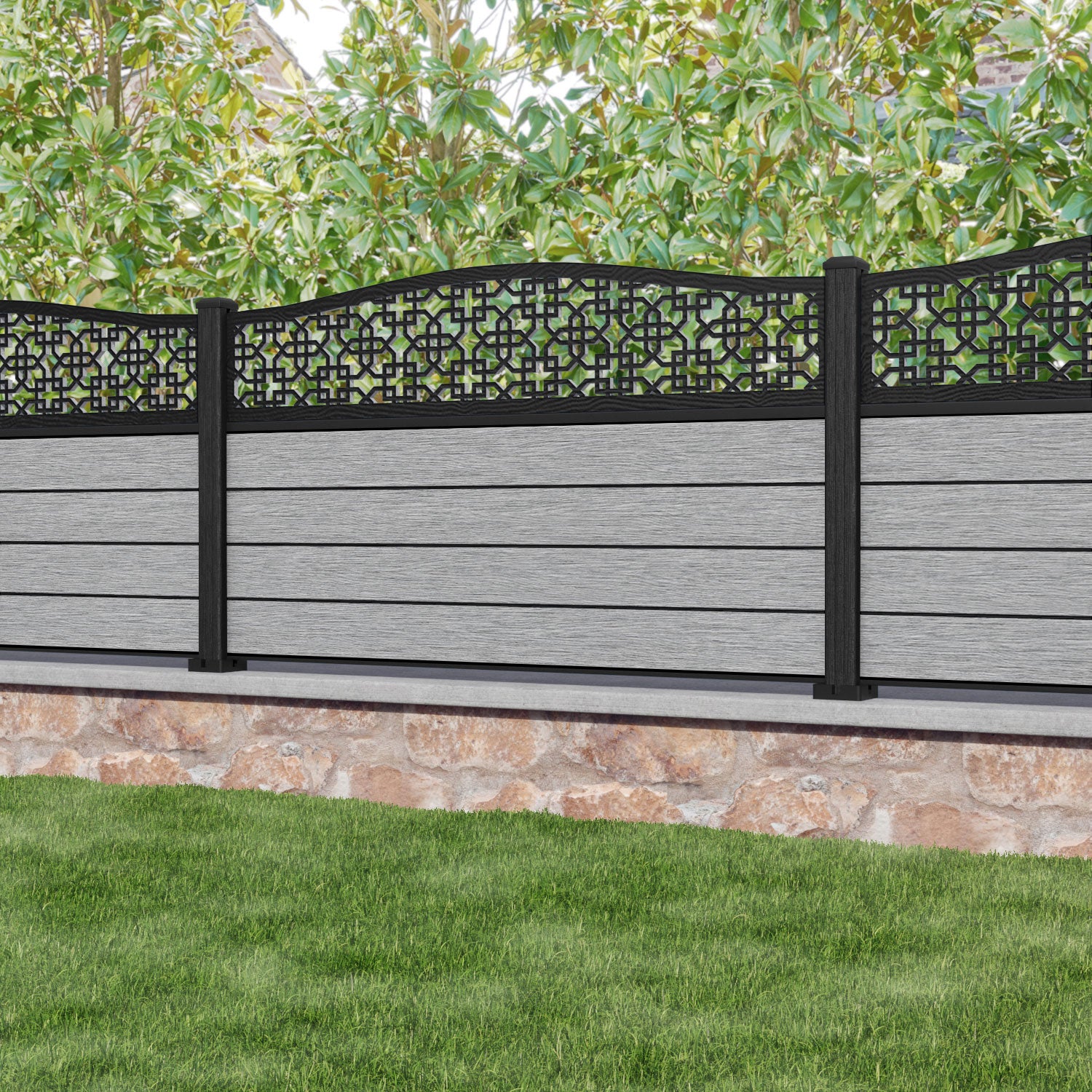 Fusion Zaria Curved Top Fence Panel - Light Grey - with our composite posts