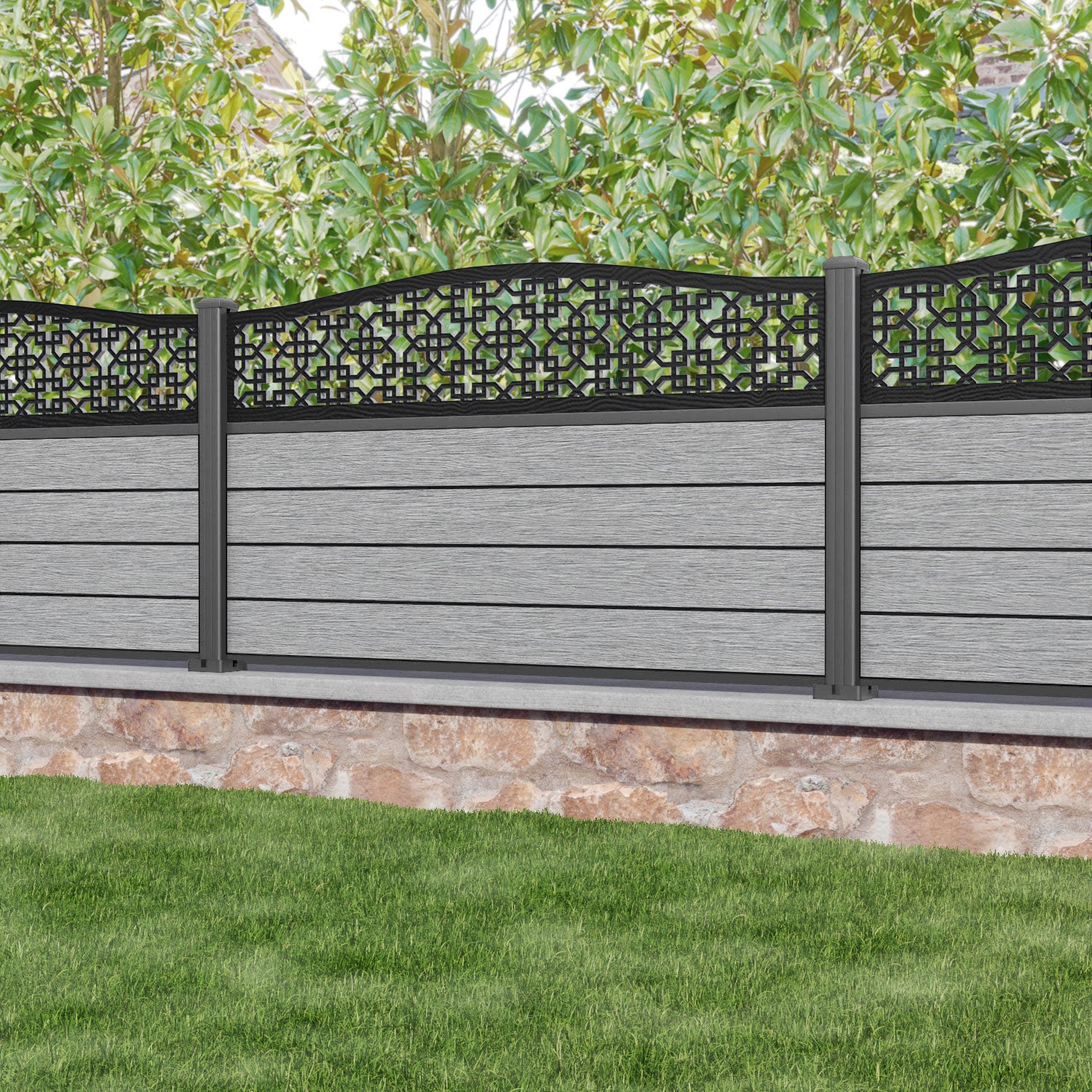 Fusion Zaria Curved Top Fence Panel - Light Grey - with our aluminium posts