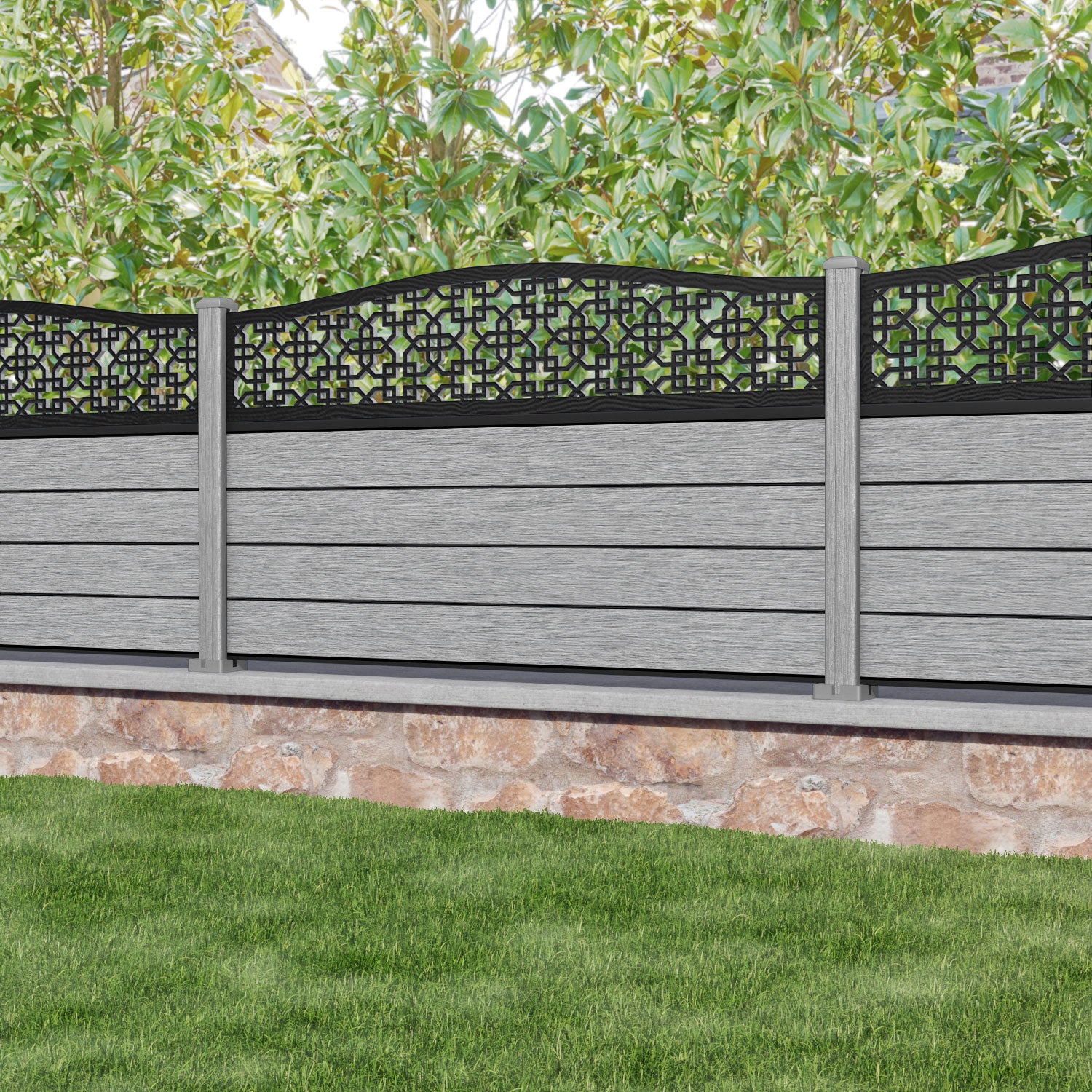Fusion Zaria Curved Top Fence Panel - Light Grey - with our composite posts