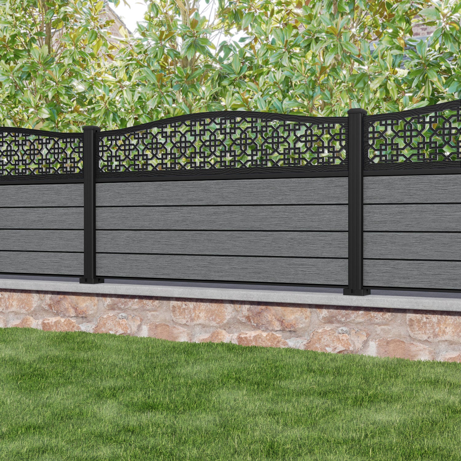 Fusion Zaria Curved Top Fence Panel - Mid Grey - with our aluminium posts