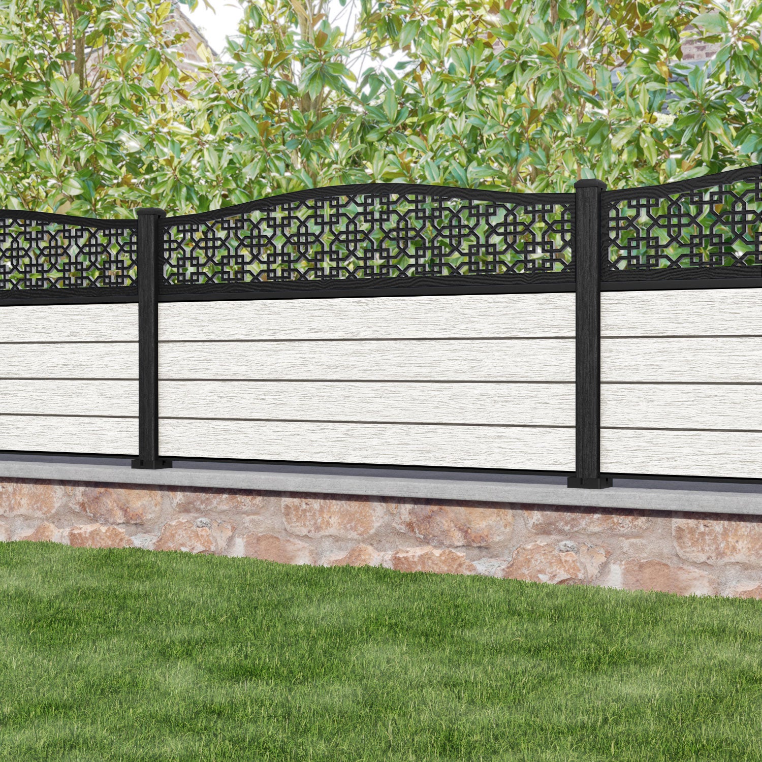 Fusion Zaria Curved Top Fence Panel - Light Stone - with our composite posts