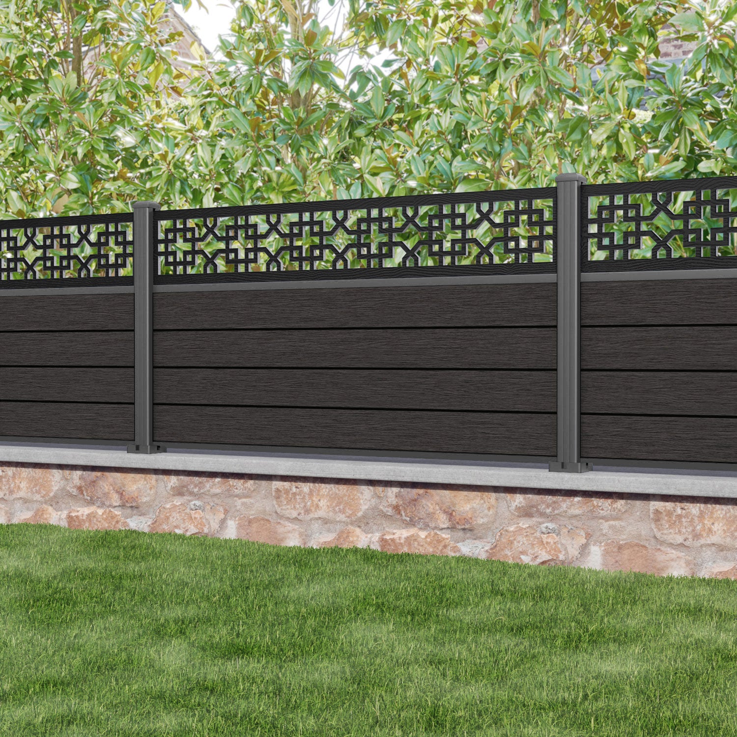 Fusion Zaria Fence Panel - Dark Oak - with our aluminium posts