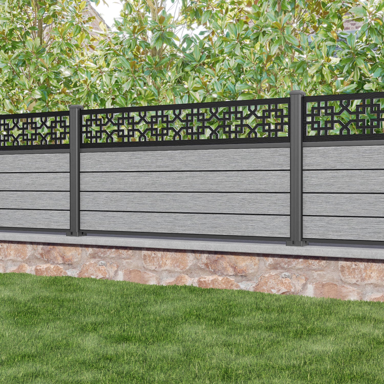 Fusion Zaria Fence Panel - Light Grey - with our aluminium posts