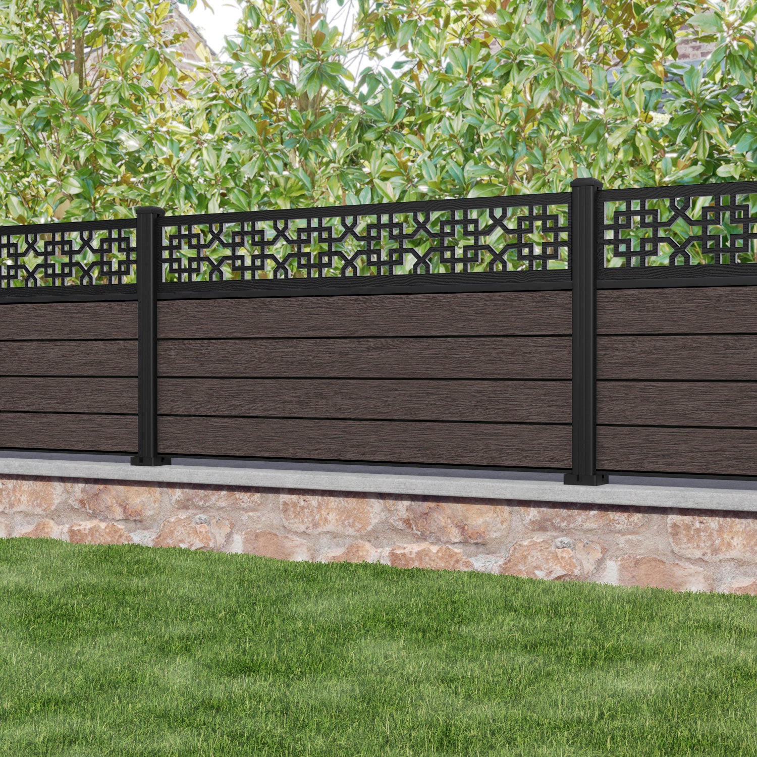 Fusion Zaria Fence Panel - Mid Brown - with our aluminium posts