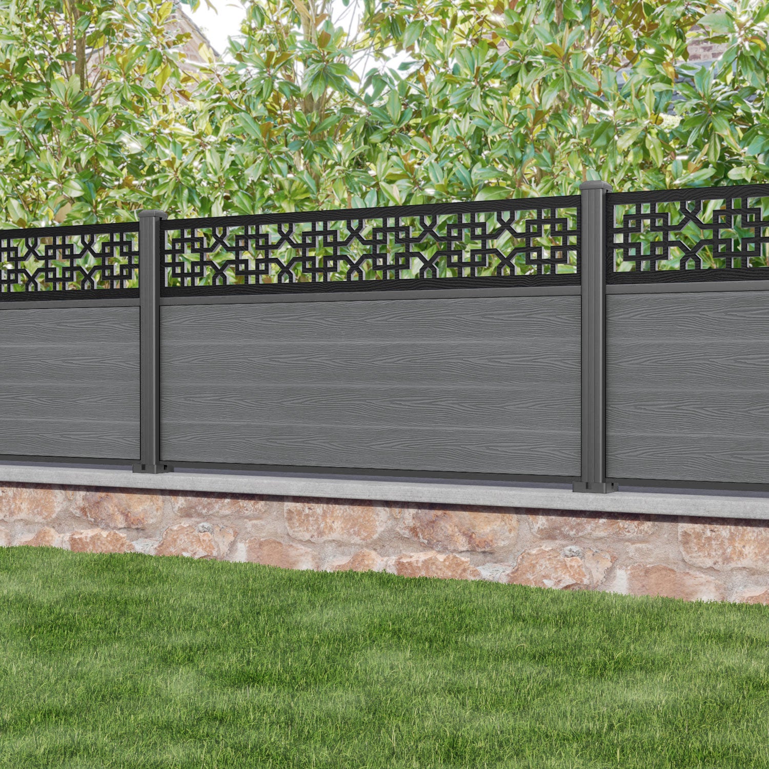 Classic Zaria Fence Panel - Mid Grey - with our aluminium posts