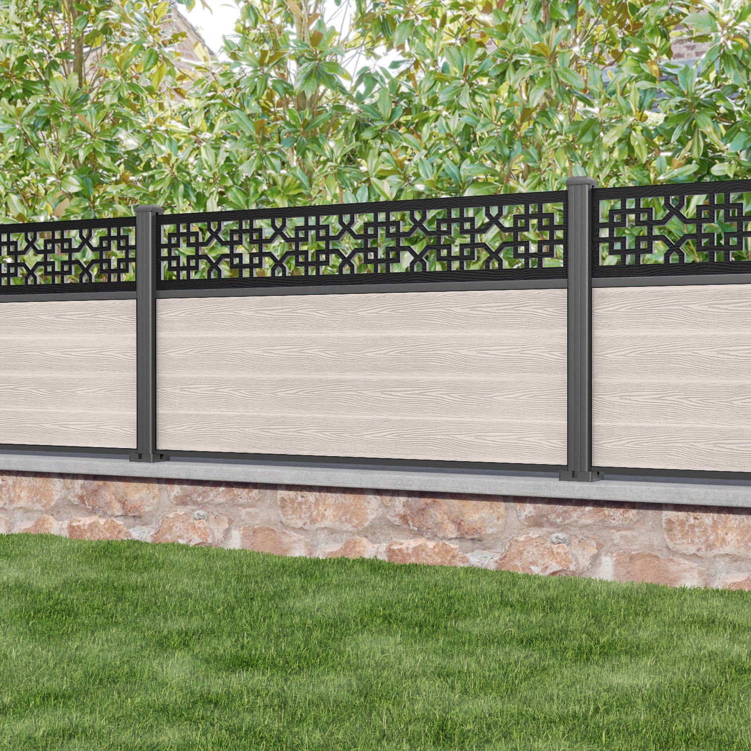 Classic Zaria Fence Panel - Mid Stone - with our aluminium posts