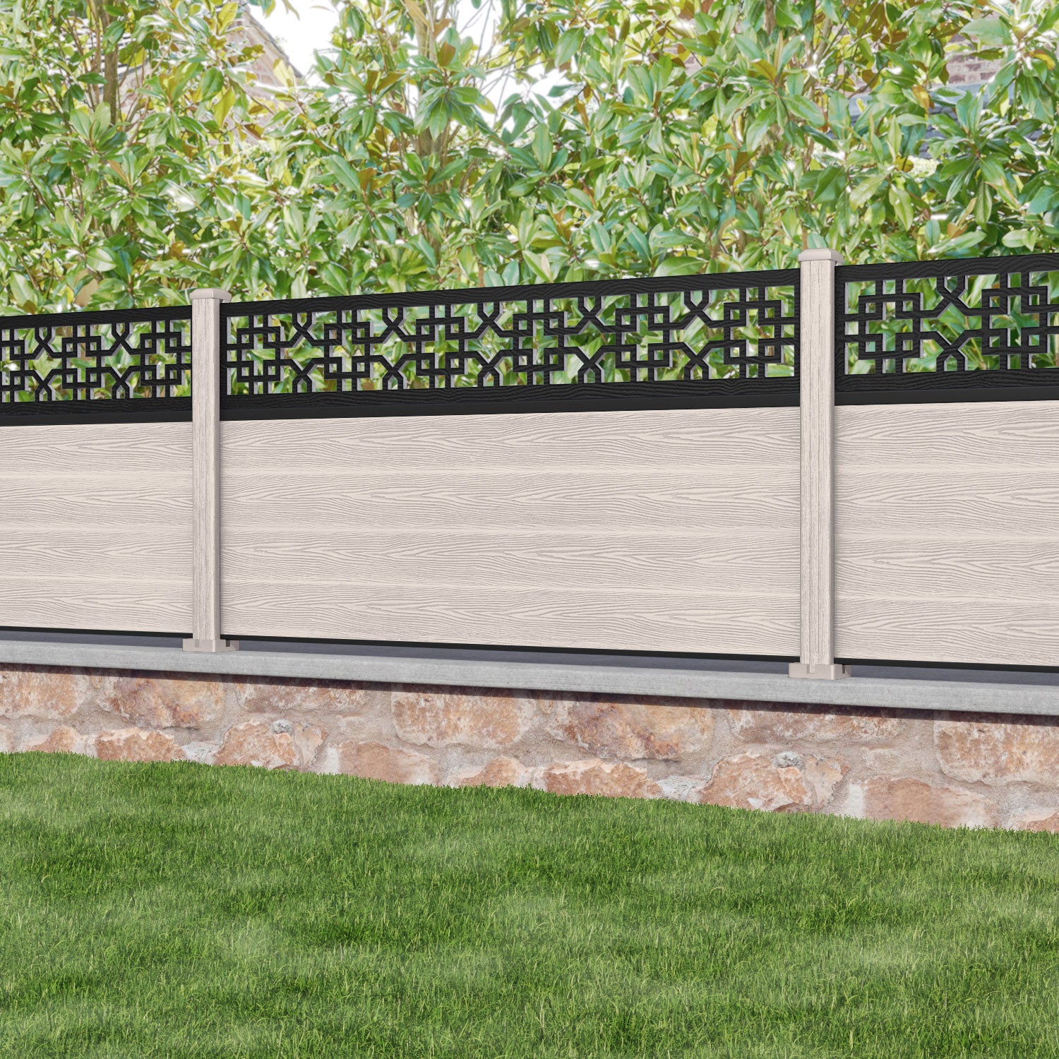 Classic Zaria Fence Panel - Mid Stone - with our composite posts