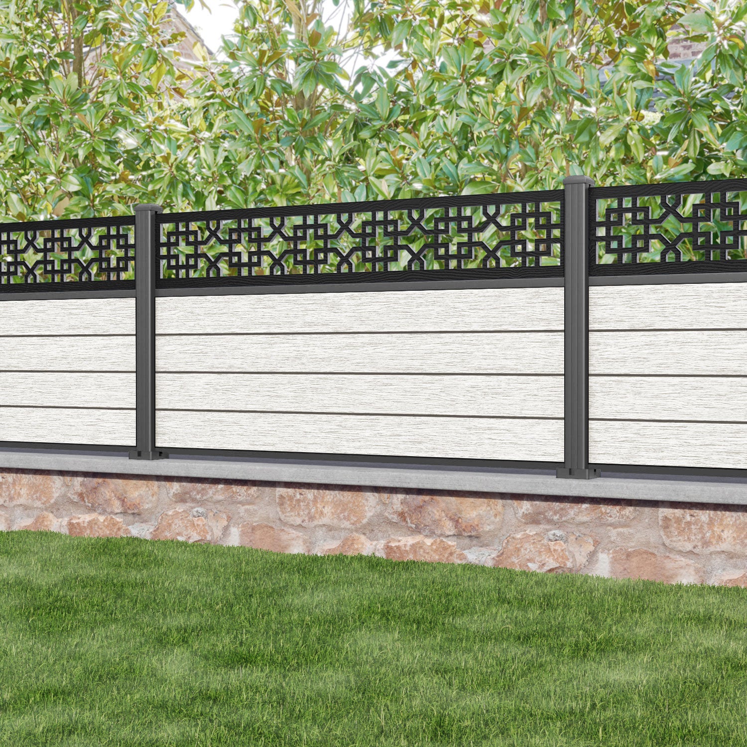 Fusion Zaria Fence Panel - Light Stone - with our aluminium posts