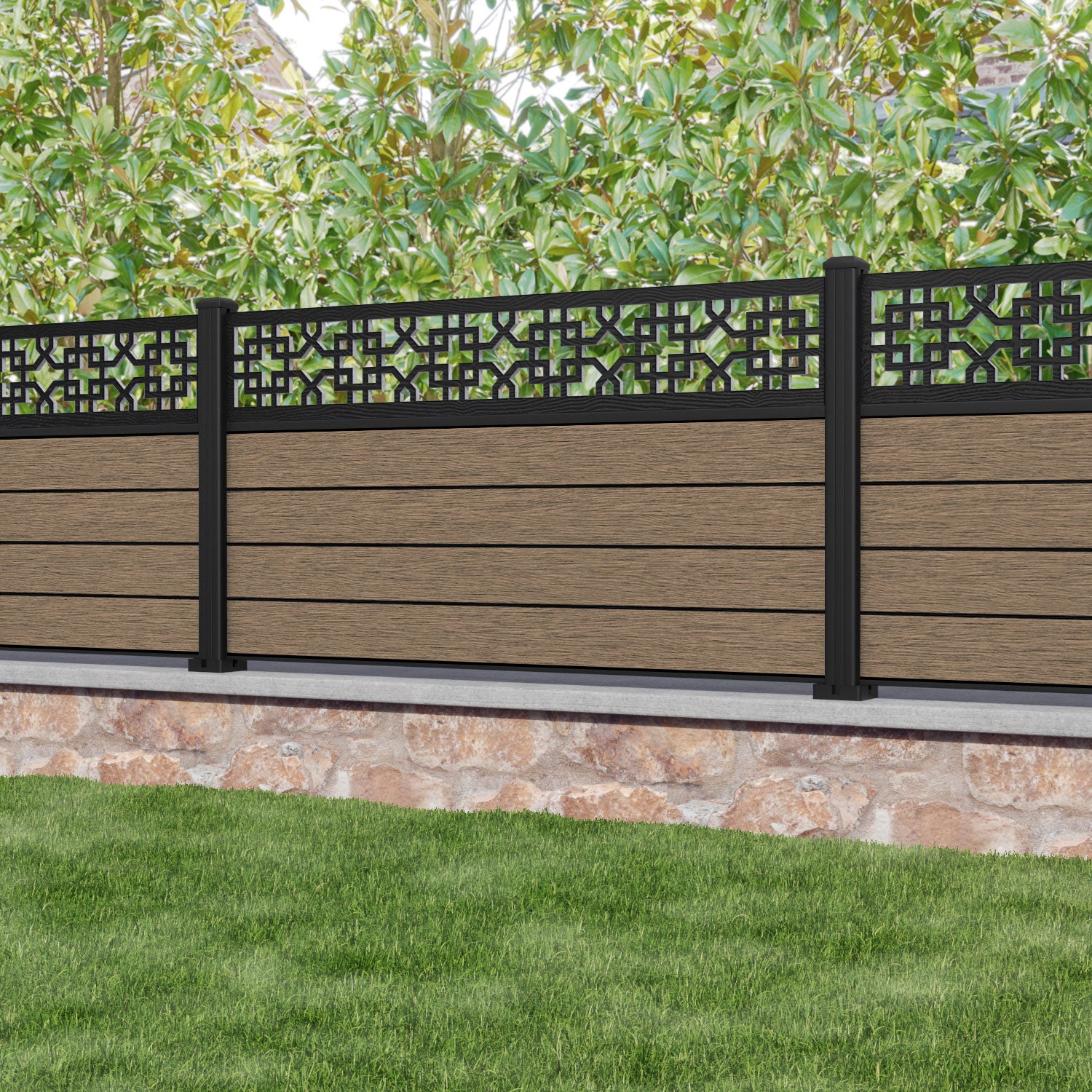 Fusion Zaria Fence Panel - Teak - with our aluminium posts