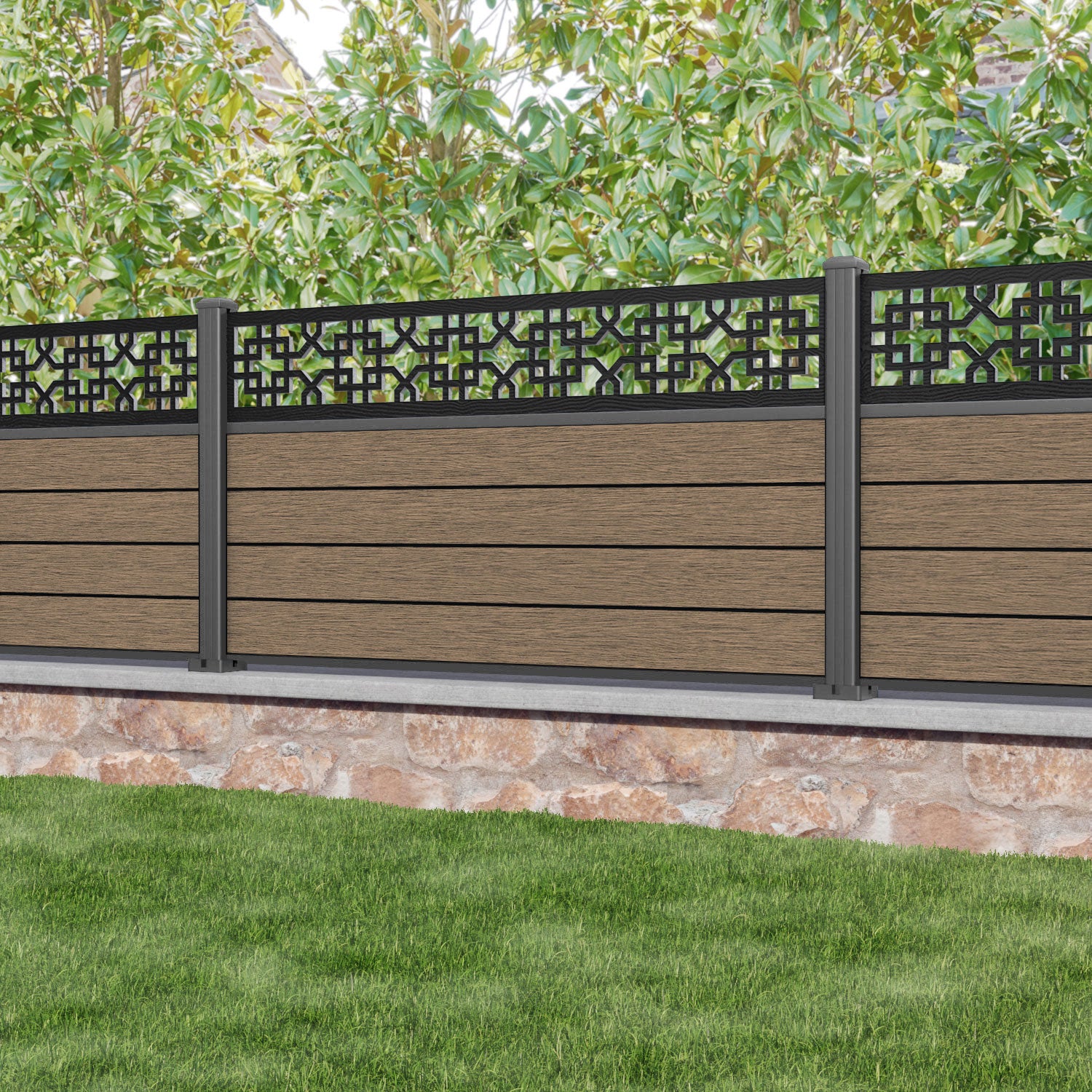 Fusion Zaria Fence Panel - Teak - with our aluminium posts