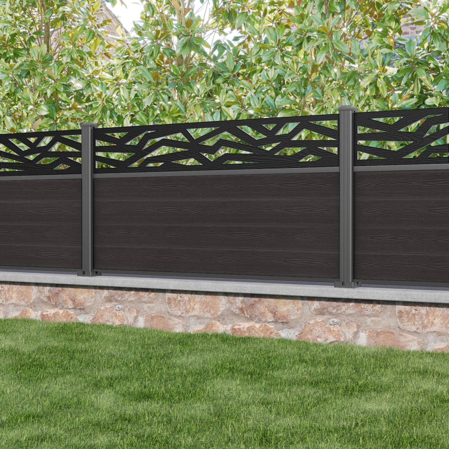 Classic Zenith Fence Panel - Dark Oak - with our aluminium posts