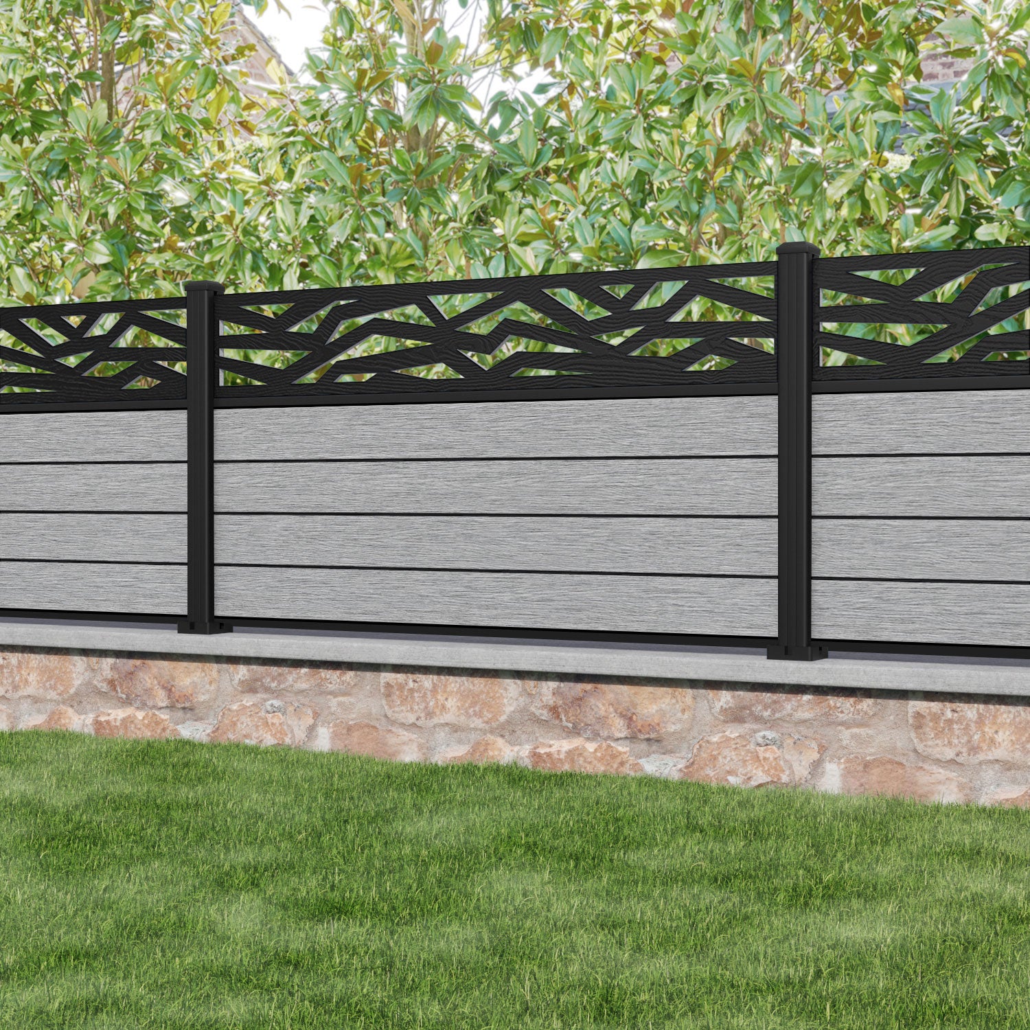 Fusion Zenith Fence Panel - Light Grey - with our aluminium posts