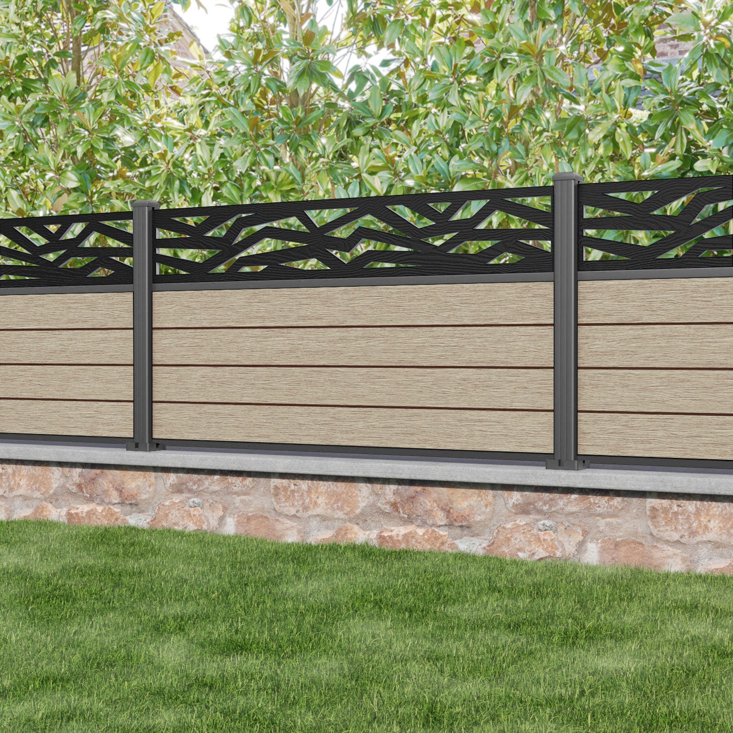 Fusion Zenith Fence Panel - Light Oak - with our aluminium posts