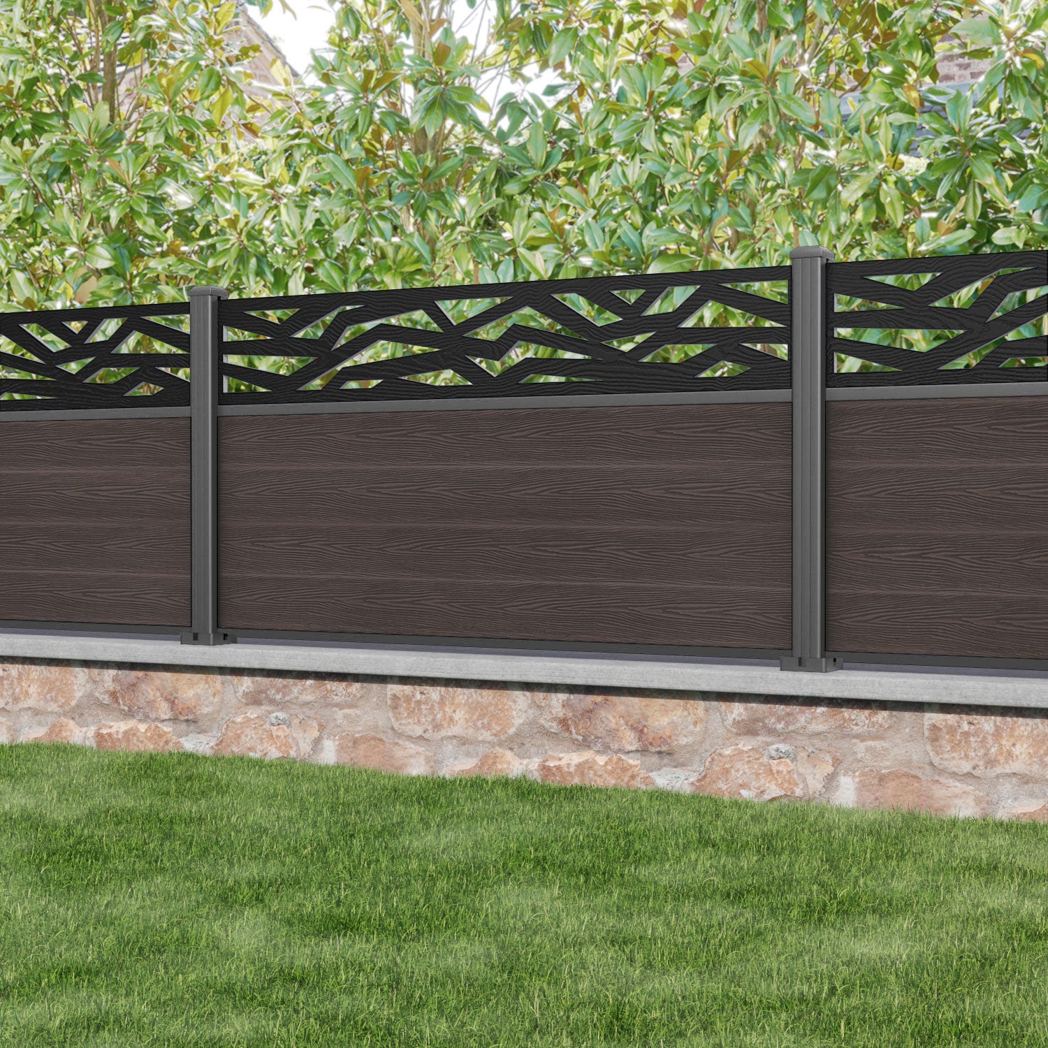 Classic Zenith Fence Panel - Mid Brown - with our aluminium posts