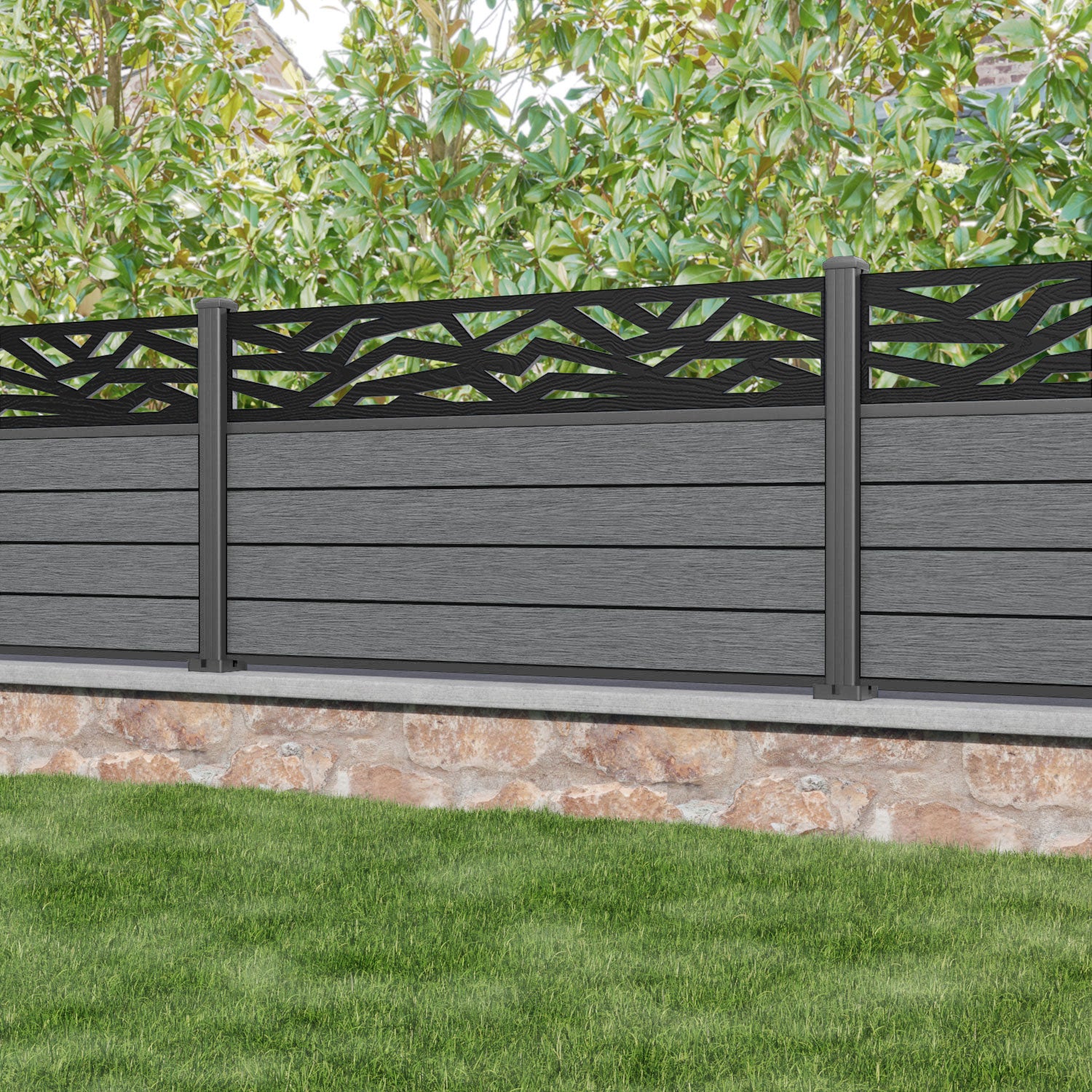 Fusion Zenith Fence Panel - Mid Grey - with our aluminium posts