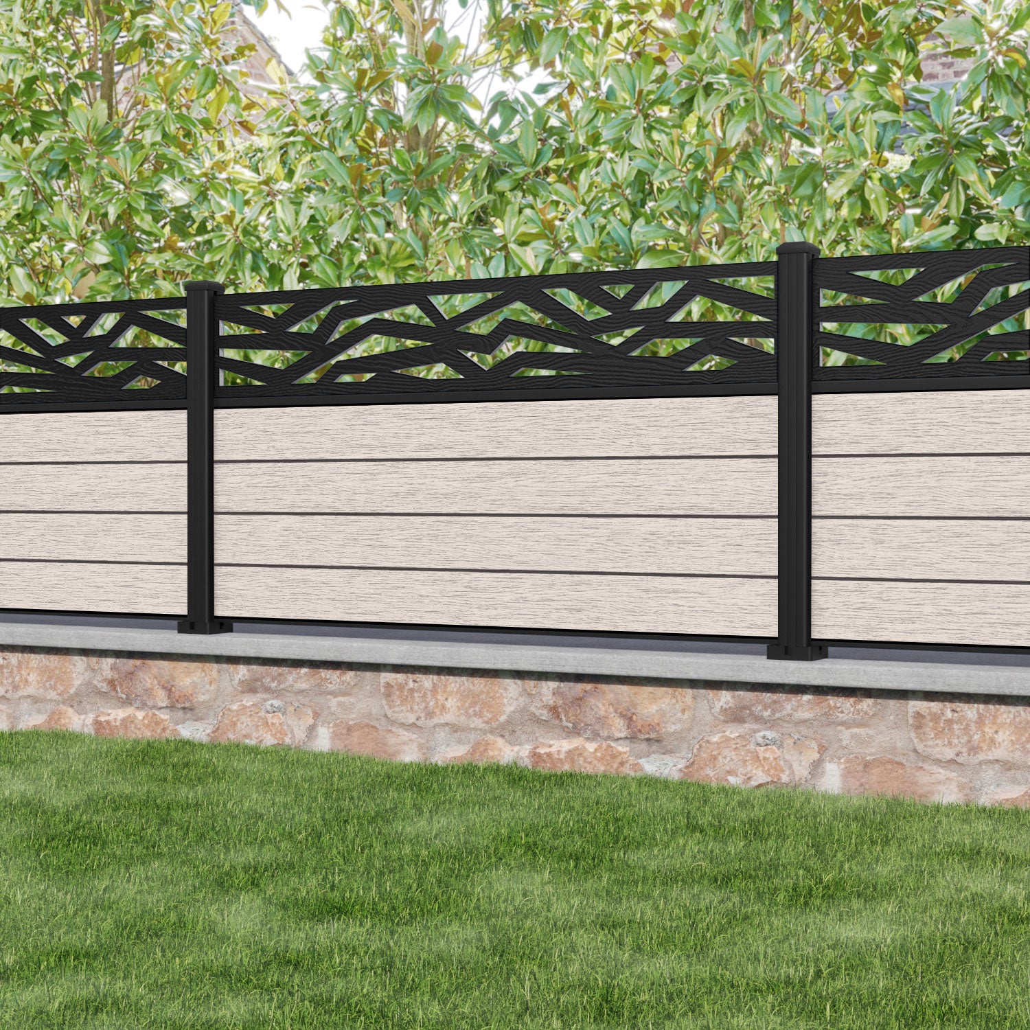 Fusion Zenith Fence Panel - Mid Stone - with our aluminium posts