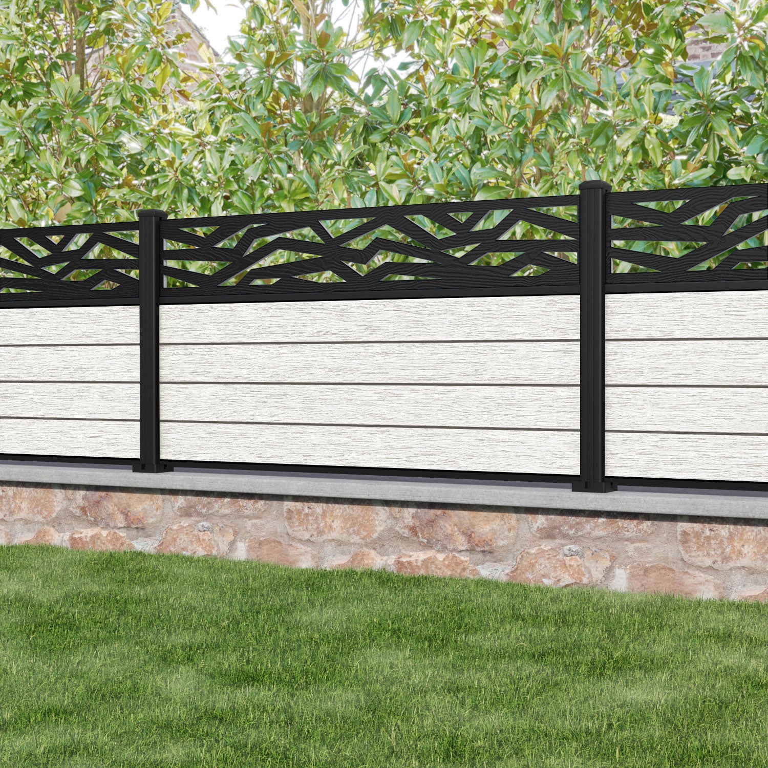 Fusion Zenith Fence Panel - Light Stone - with our aluminium posts