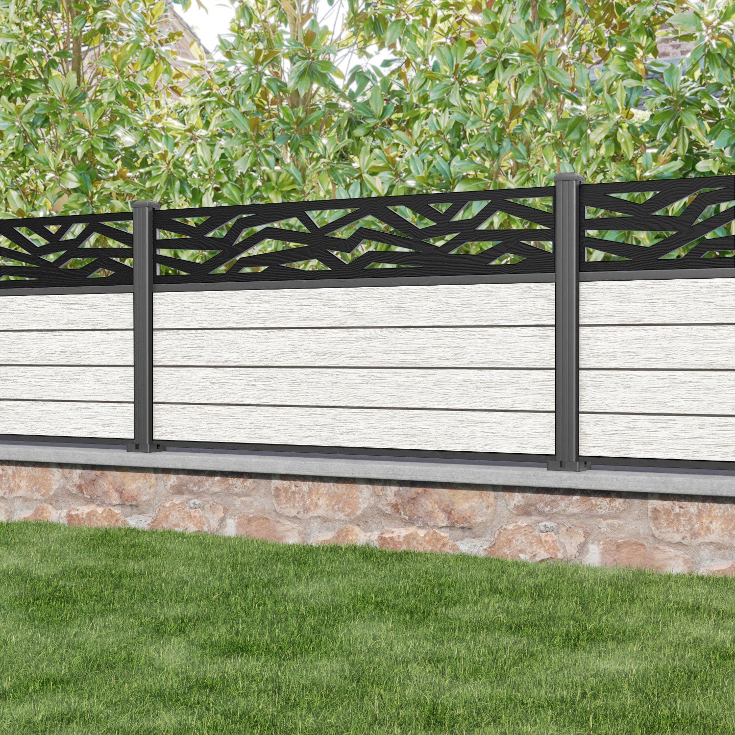Fusion Zenith Fence Panel - Light Stone - with our aluminium posts