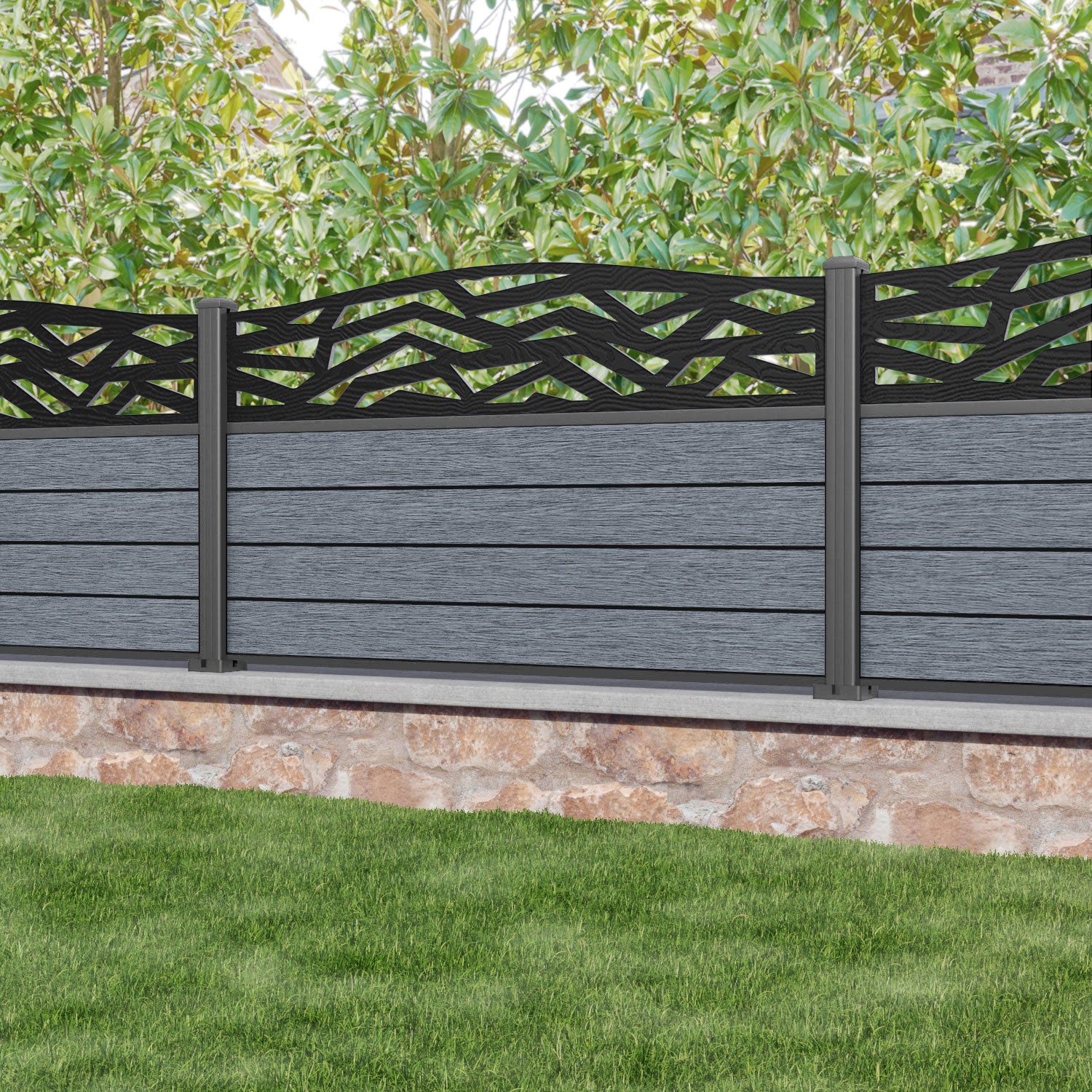 Fusion Zenith Curved Top Fence Panel - Anthracite - with our aluminium posts
