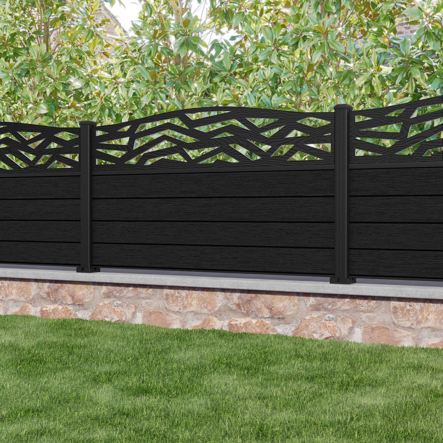 Fusion Zenith Curved Top Fence Panel - Black - with our aluminium posts
