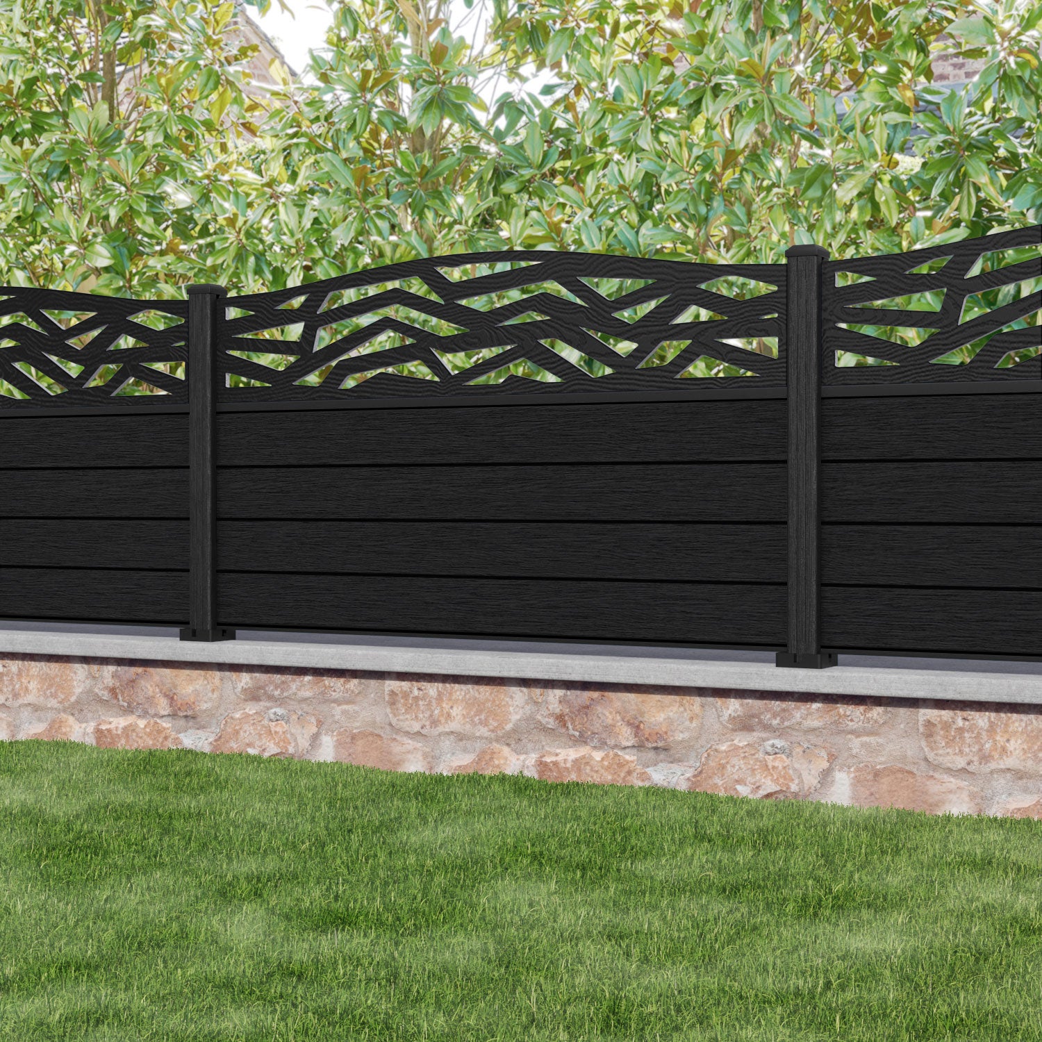 Fusion Zenith Curved Top Fence Panel - Black - with our composite posts