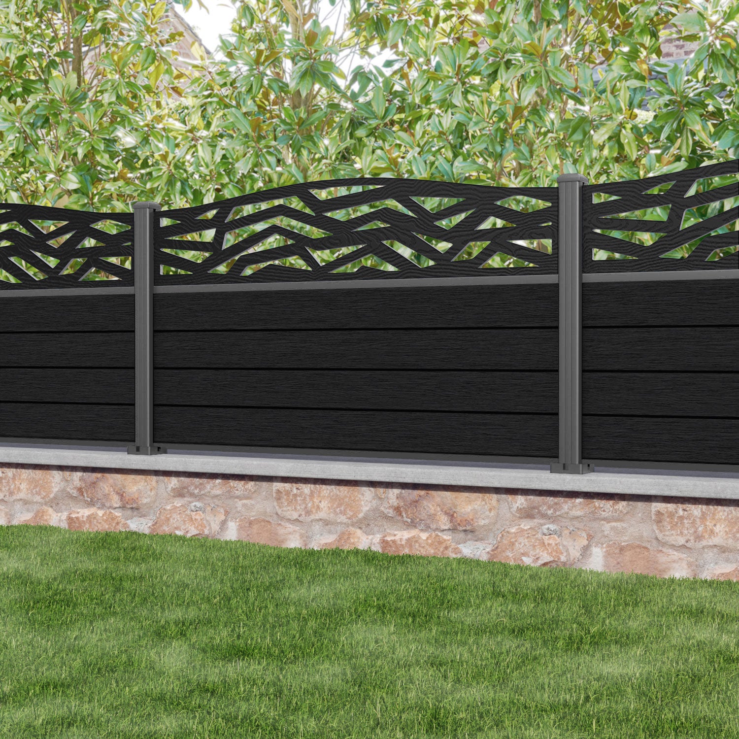 Fusion Zenith Curved Top Fence Panel - Black - with our aluminium posts