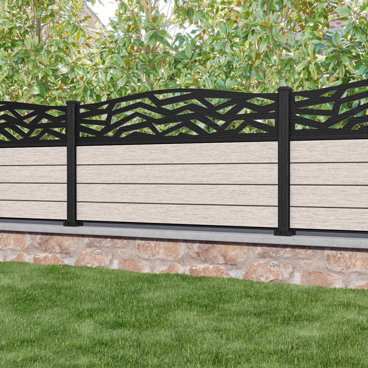 Fusion Zenith Curved Top Fence Panel - Mid Stone - with our composite posts